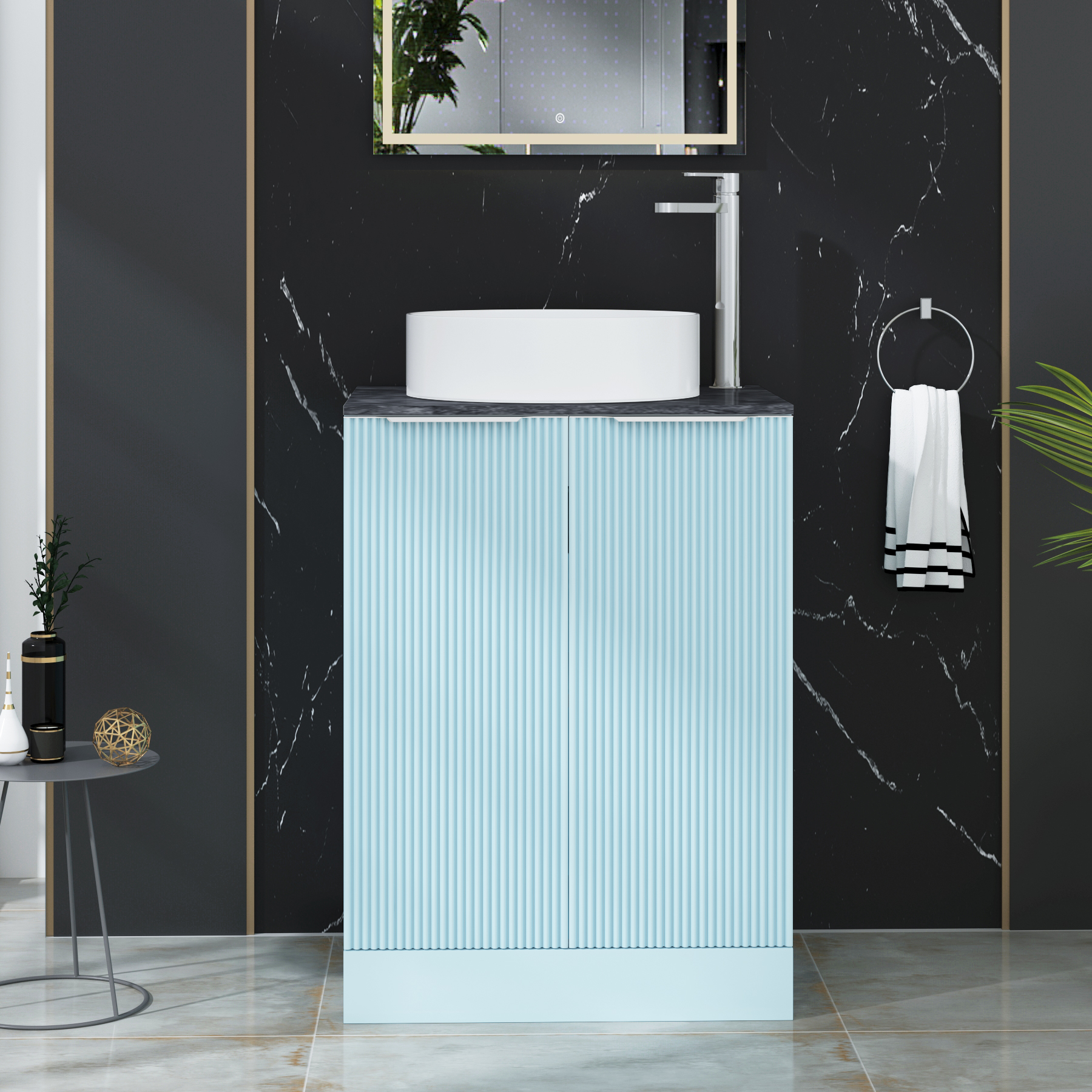 Evora 600mm Sky Blue Fluted Floor Standing Countertop Vanity Unit 2 Door with Art Basin