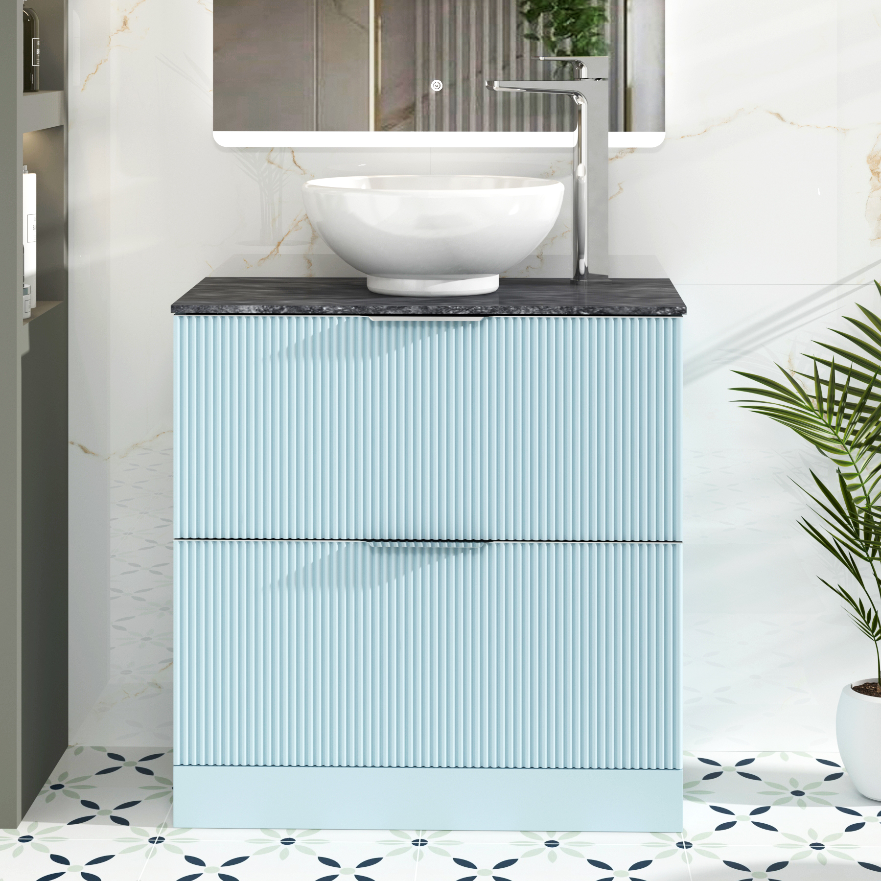 Evora 800mm Powder Blue Fluted Floor Standing Vanity Unit 2 Drawer with ...
