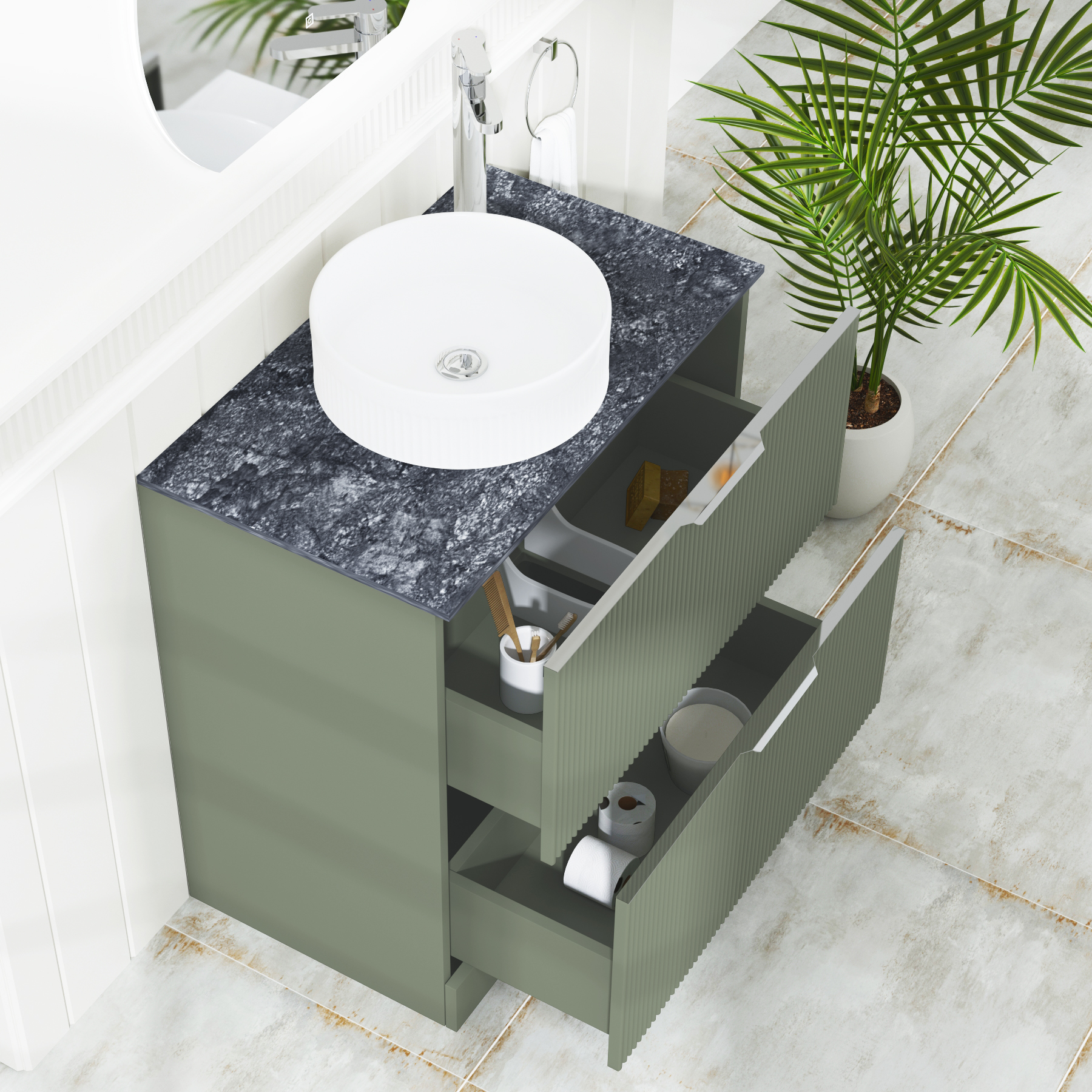 Evora 800mm Satin Green Fluted Floor Standing Countertop Vanity Unit 2 ...