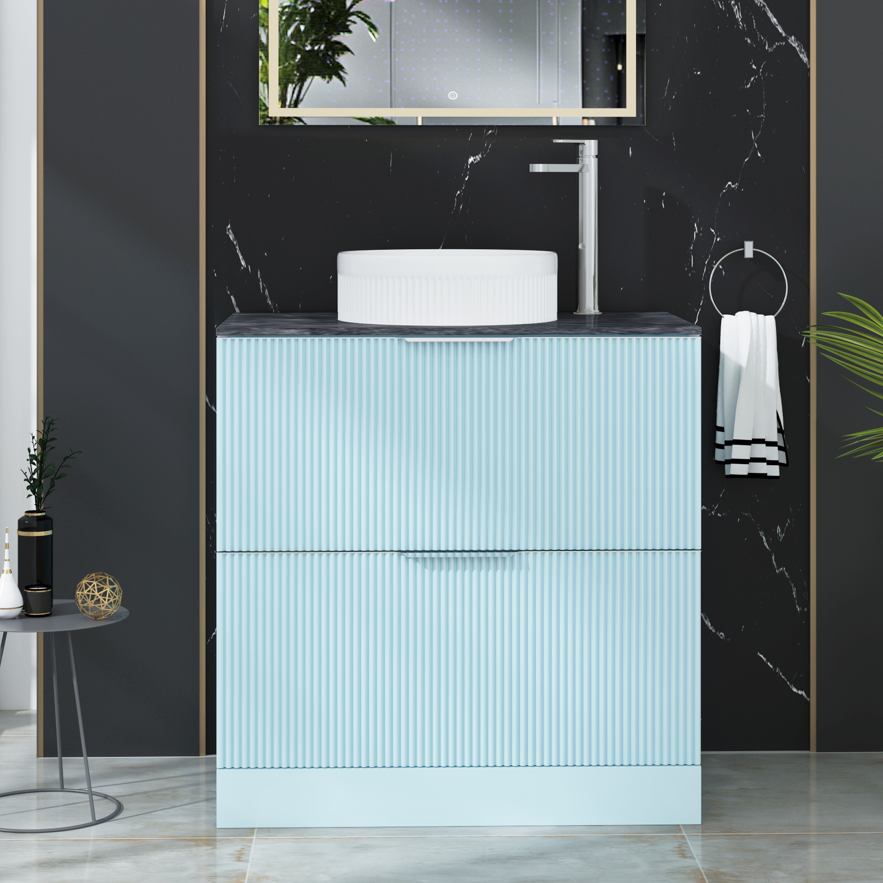 Evora 800mm Sky Blue Fluted Floor Standing Countertop Vanity Unit 2 Drawer with Round Basin