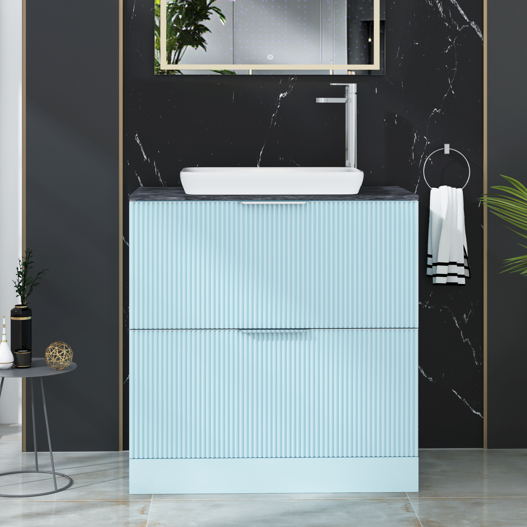 Evora 800mm Sky Blue Fluted Floor Standing Countertop Vanity Unit 2 Drawer with Qubix Basin