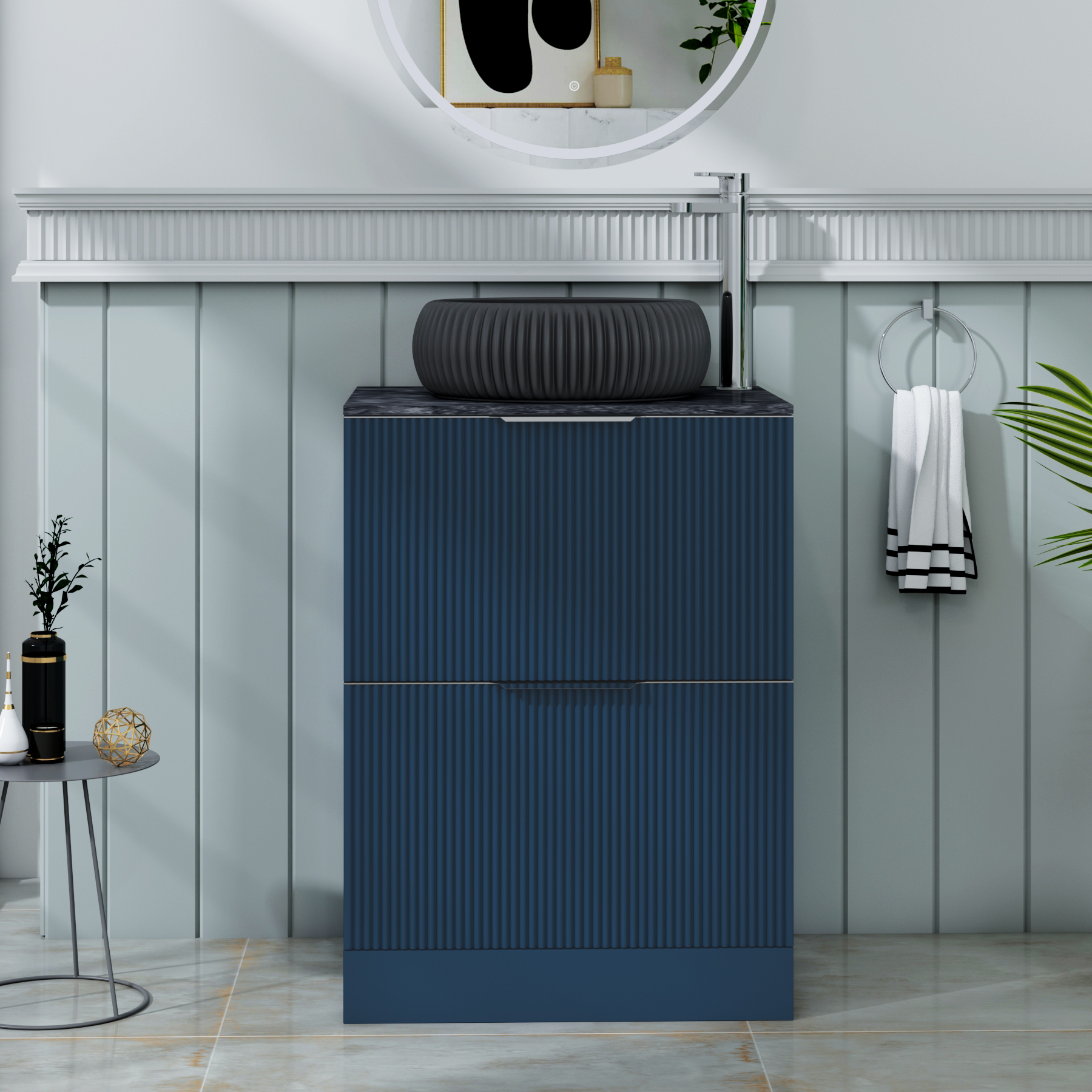 Evora 600mm Satin Blue Fluted Floor Standing Countertop Vanity Unit 2 Drawer with Milan Black Basin - Black Star