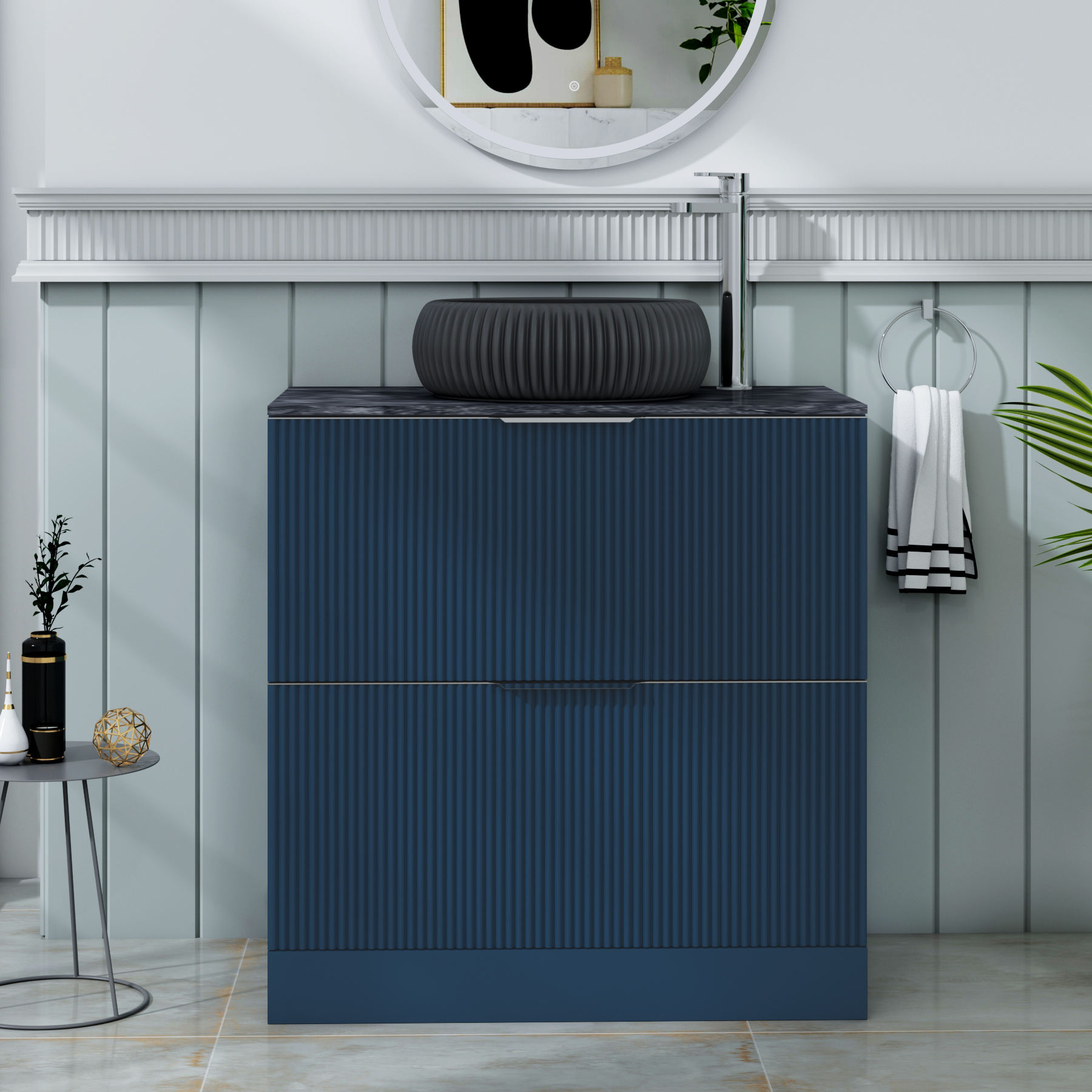 Evora 800mm Satin Blue Fluted Floor Standing Countertop Vanity Unit 2 Drawer with Milan Black Basin - Black Star