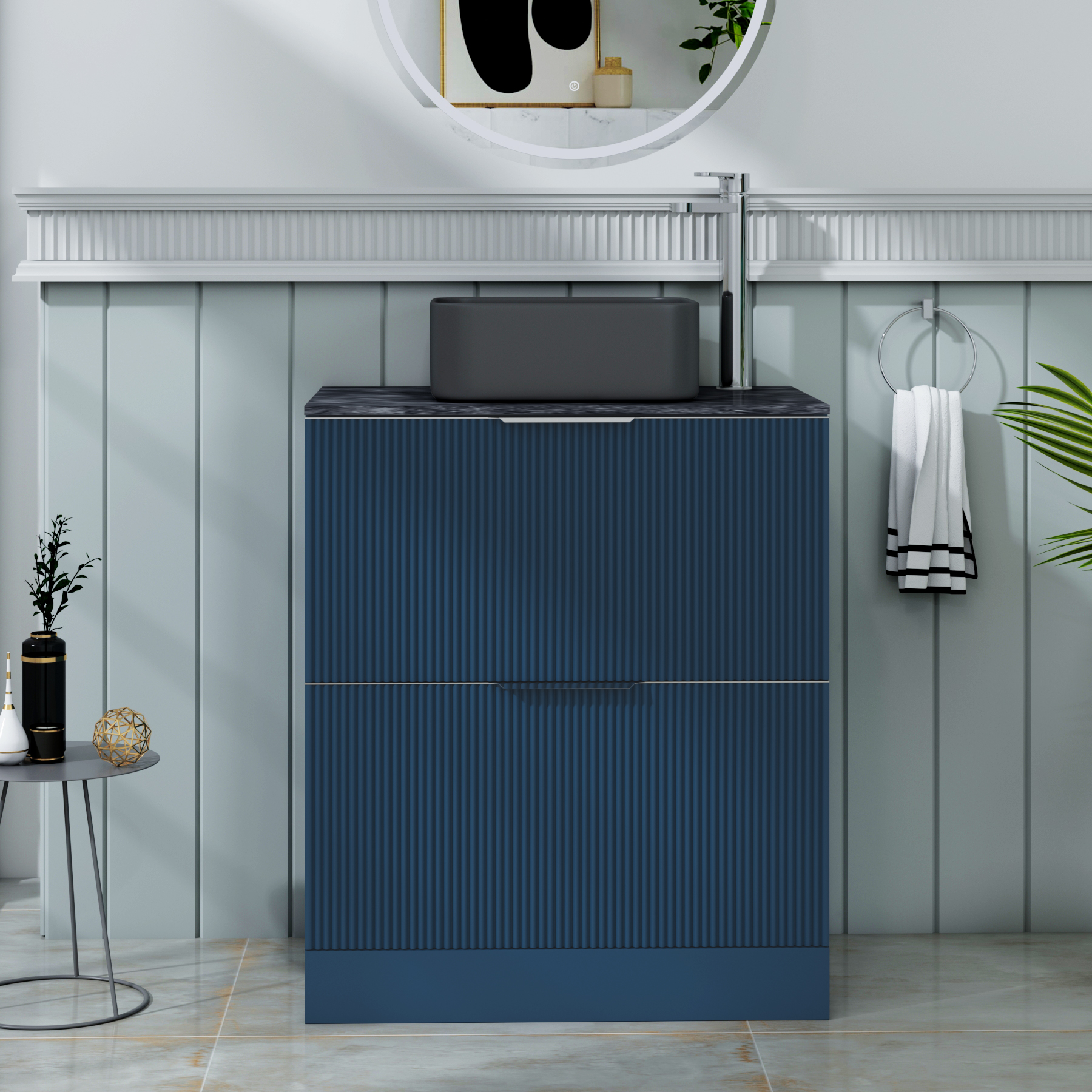 Evora 700mm Satin Blue Fluted Floor Standing Countertop Vanity Unit 2 Drawer with Art Square Basin - Black Star