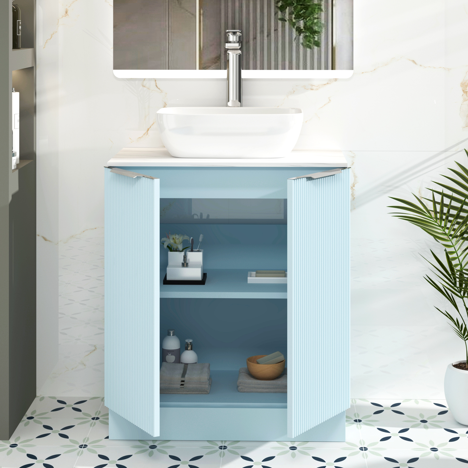 Evora 700mm Powder Blue Fluted Floor Standing Vanity Unit 2 Door with Countertop Basin - Elva