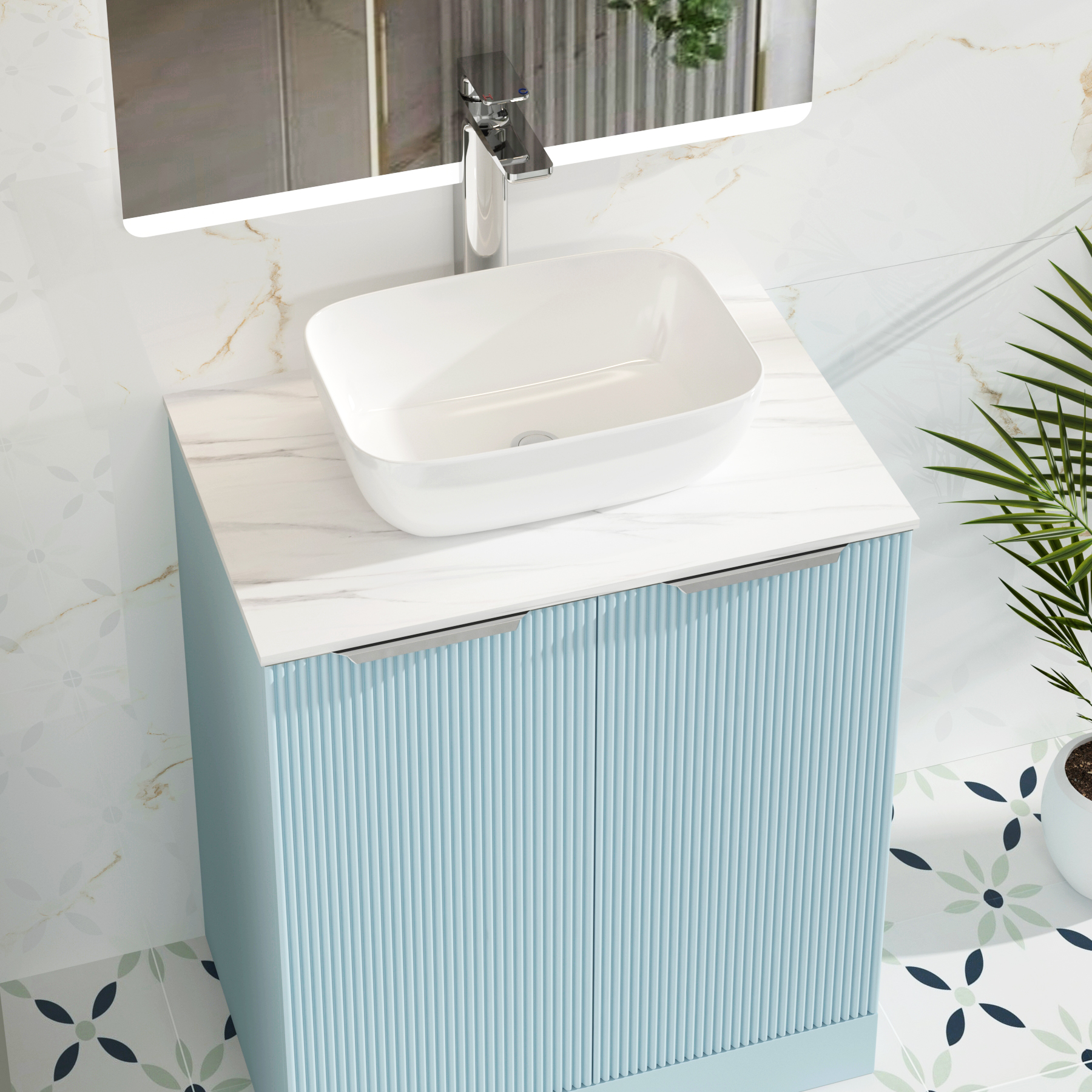 Evora 700mm Powder Blue Fluted Floor Standing Vanity Unit 2 Door with Countertop Basin - Elva