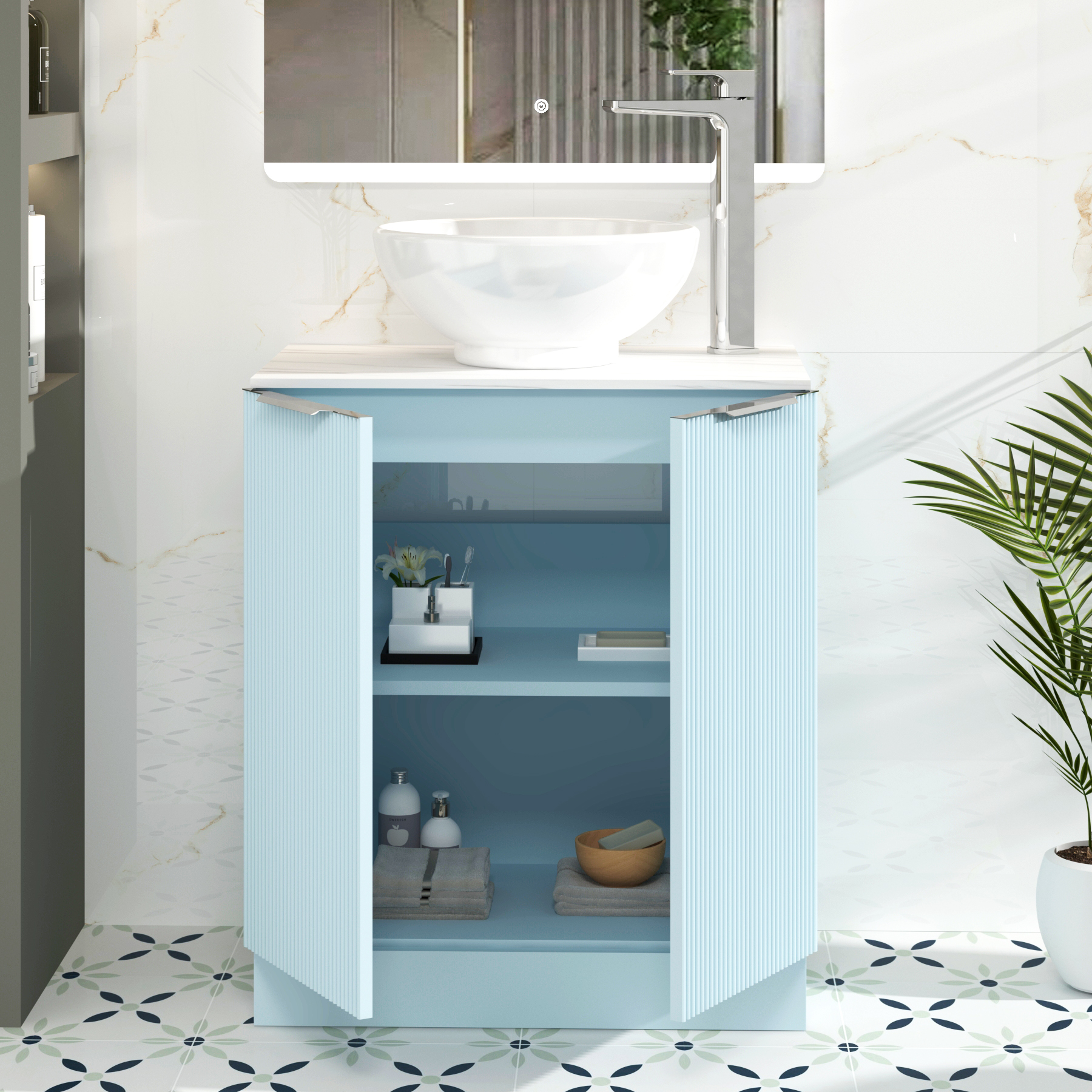 Evora 700mm Powder Blue Fluted Floor Standing Vanity Unit 2 Door with Countertop Basin - Breeze