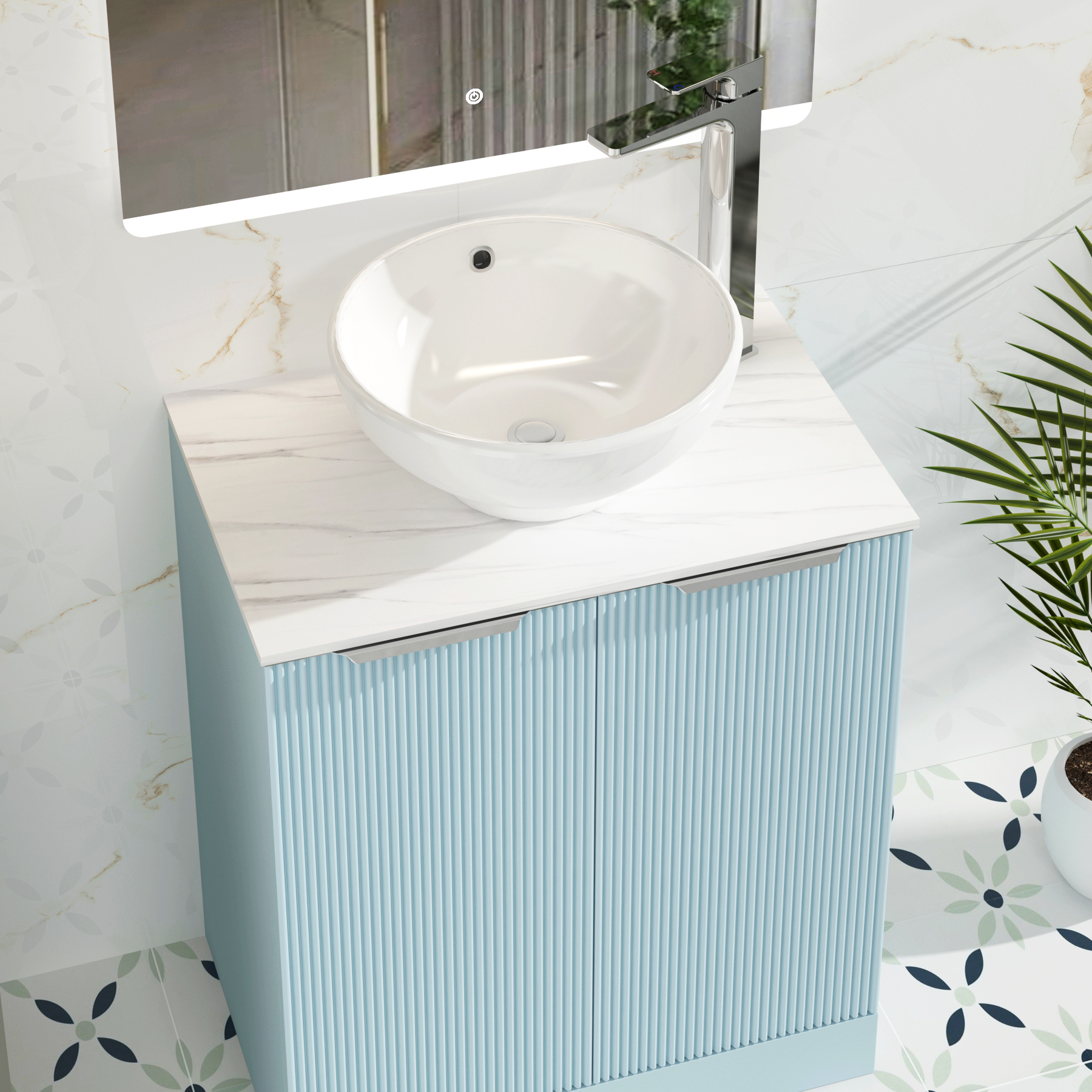Evora 700mm Powder Blue Fluted Floor Standing Vanity Unit 2 Door with Countertop Basin - Breeze