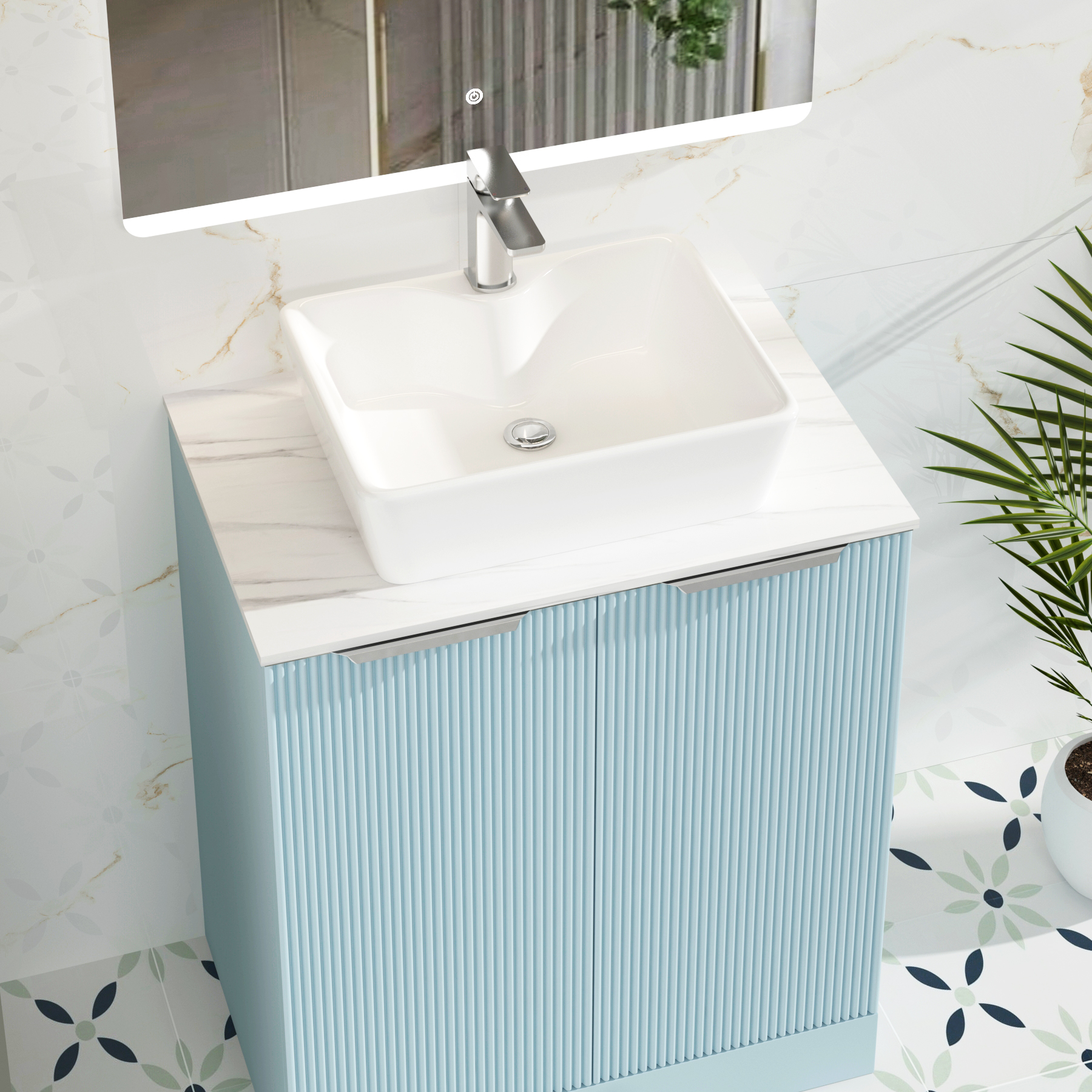 Evora 700mm Powder Blue Fluted Floor Standing Vanity Unit 2 Door with Countertop Basin - Cube