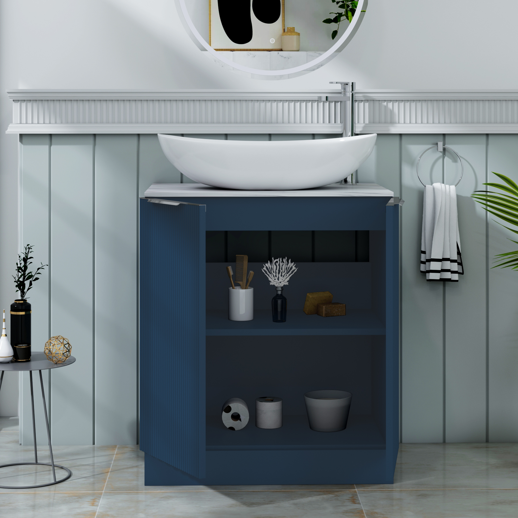 Evora 700mm Midnight Blue Fluted Floor Standing Countertop Vanity Unit 2 Door with Cesar Basin