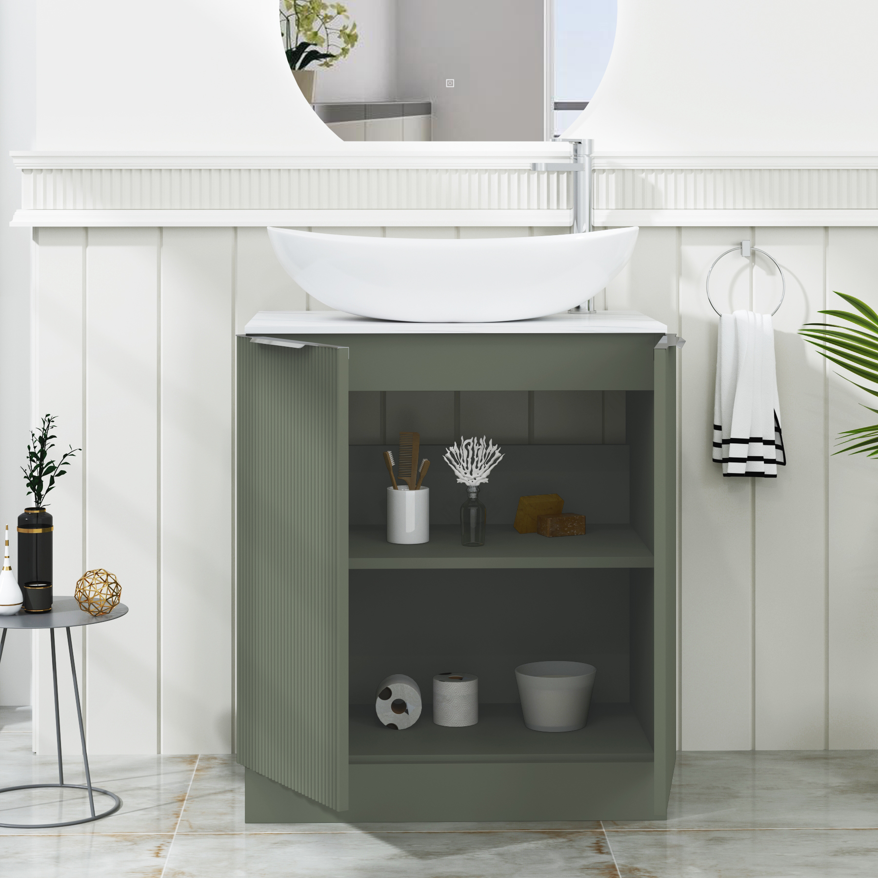 Evora 700mm Sage Green Fluted Floor Standing Countertop Vanity Unit 2 Door with Cesar Basin