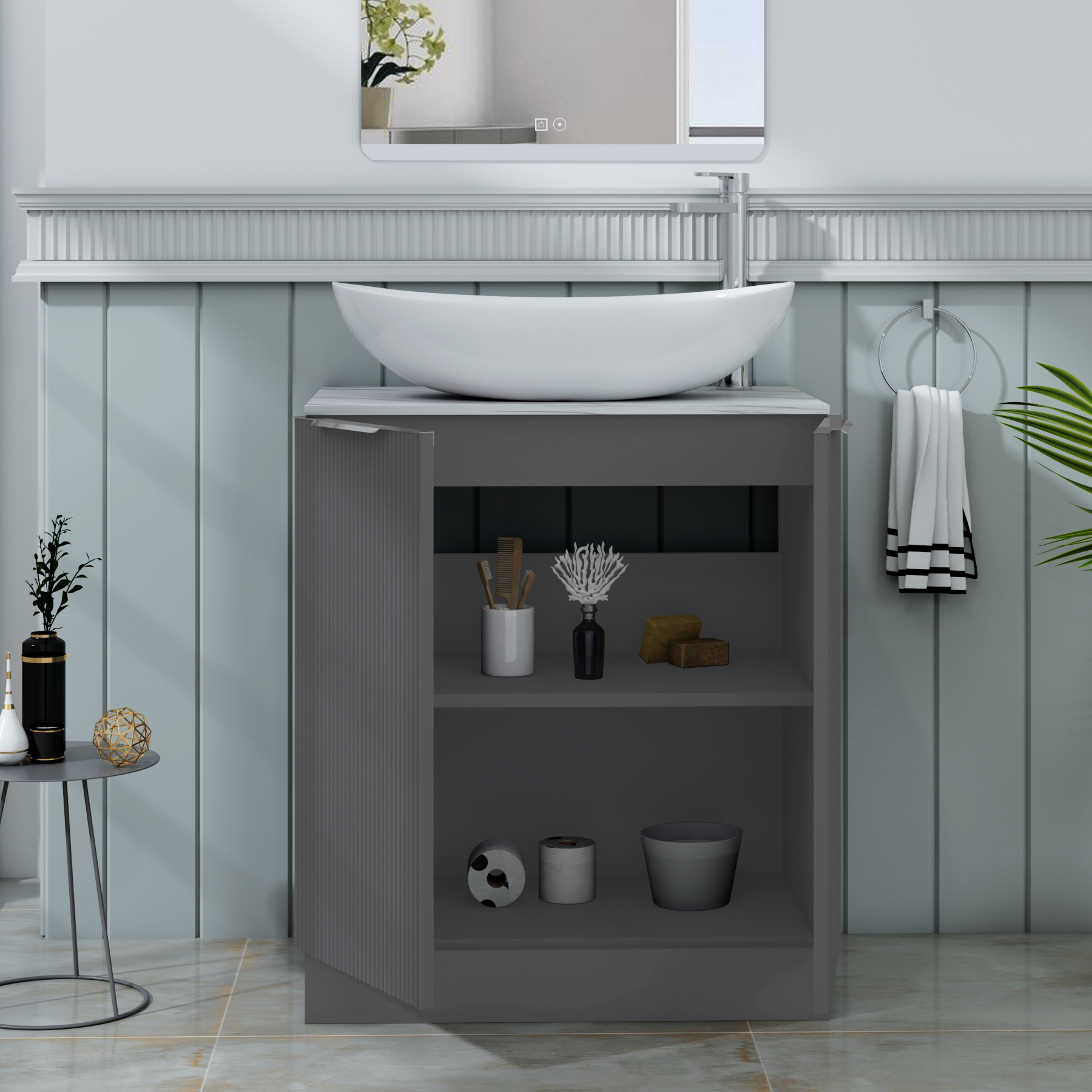 Evora 700mm Graphite Grey Fluted Floor Standing Countertop Vanity Unit 2 Door with Cesar Basin