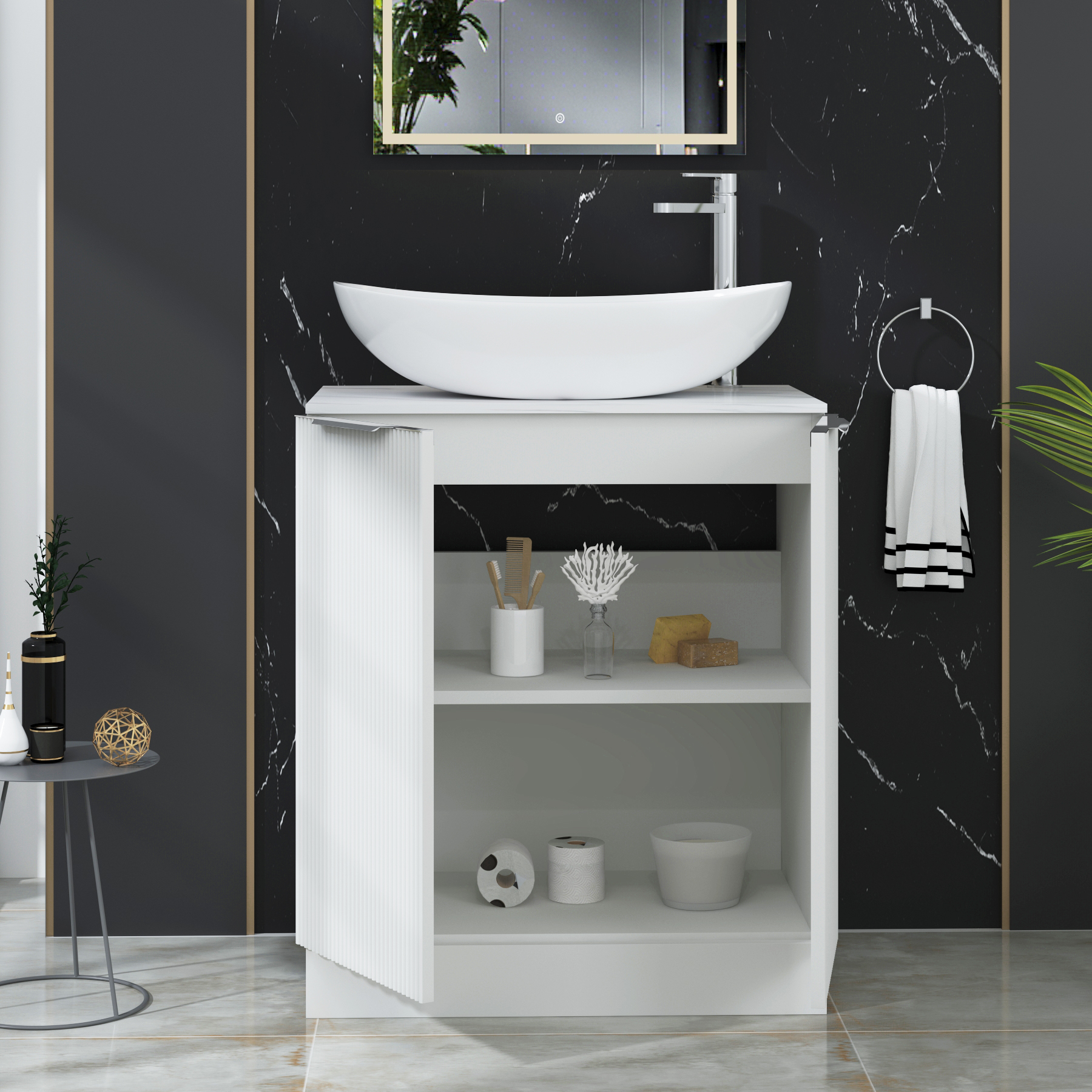 Evora 700mm Matt White Fluted Floor Standing Countertop Vanity Unit 2 Door with Cesar Basin