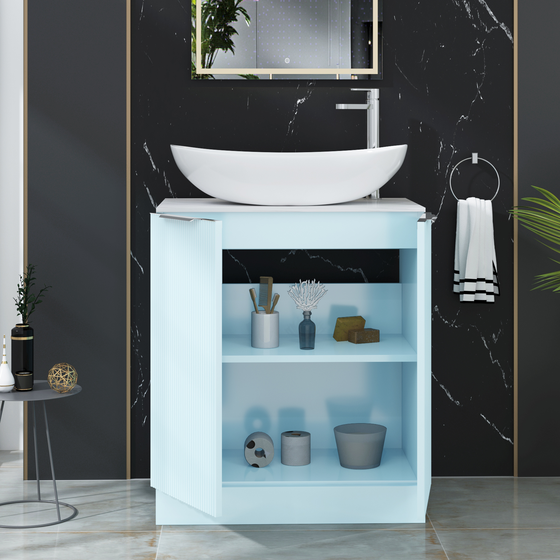 Evora 700mm Powder Blue Fluted Floor Standing Countertop Vanity Unit 2 Door with Cesar Basin