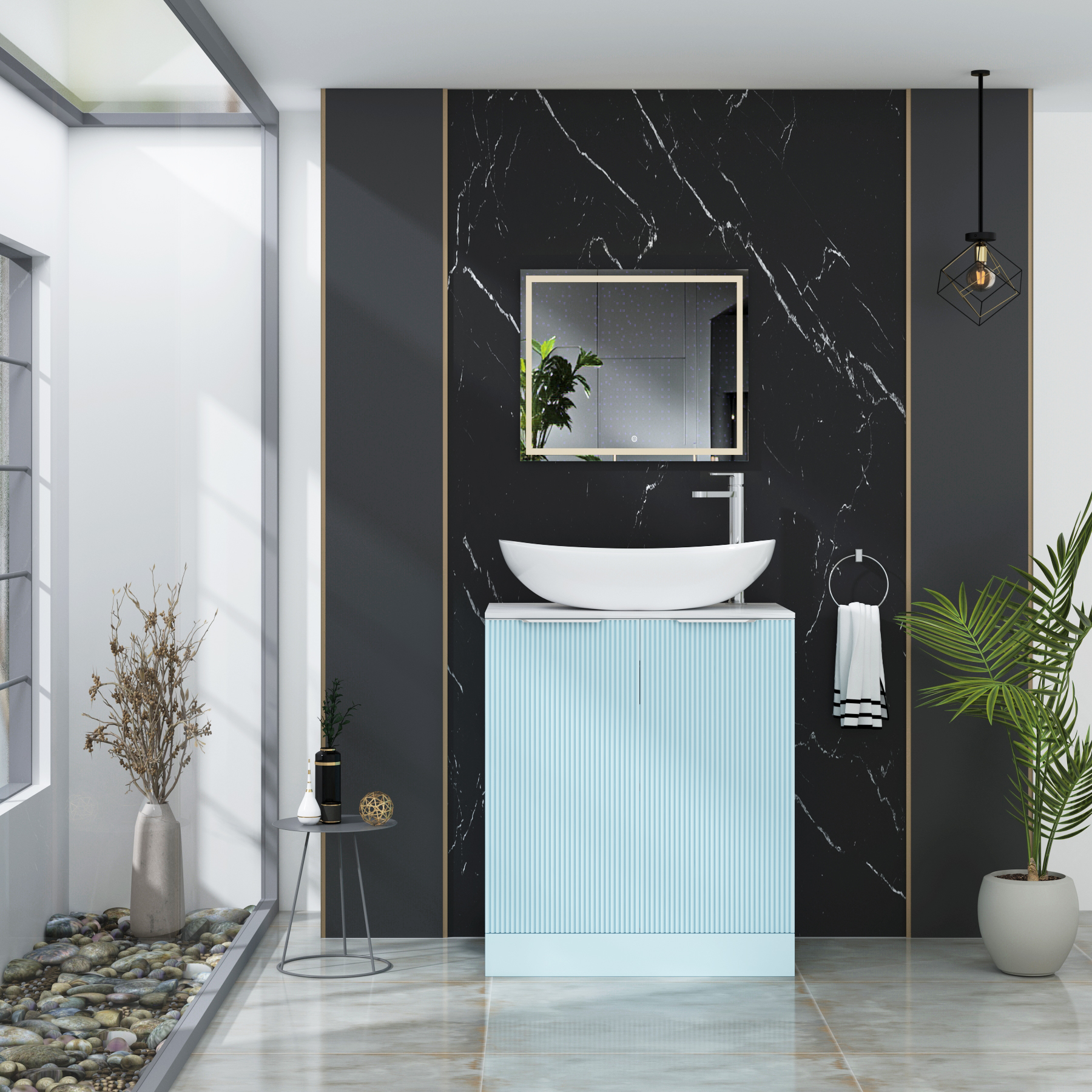 Evora 700mm Powder Blue Fluted Floor Standing Countertop Vanity Unit 2 Door with Cesar Basin