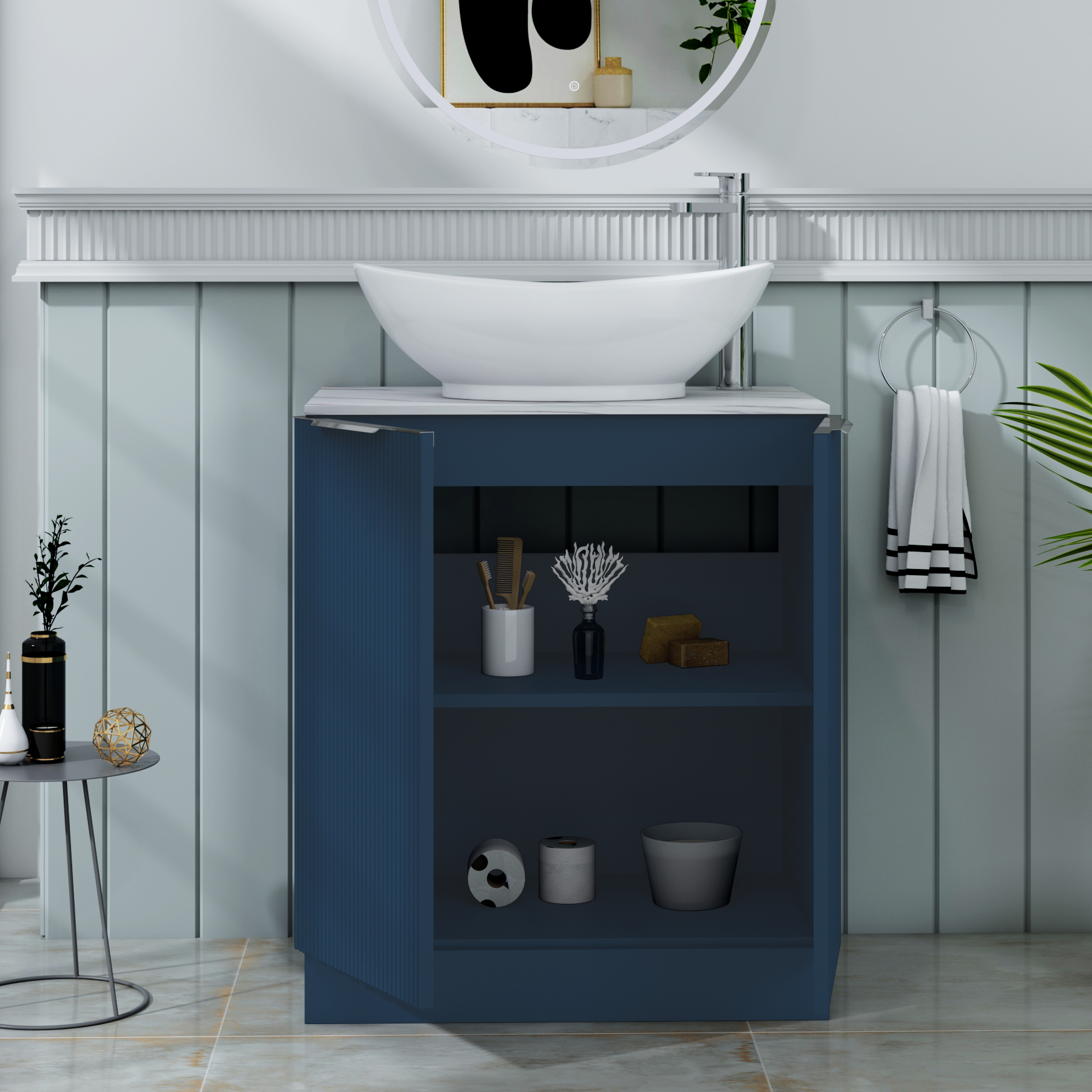 Evora 700mm Midnight Blue Fluted Floor Standing Countertop Vanity Unit 2 Door with Amaze Basin