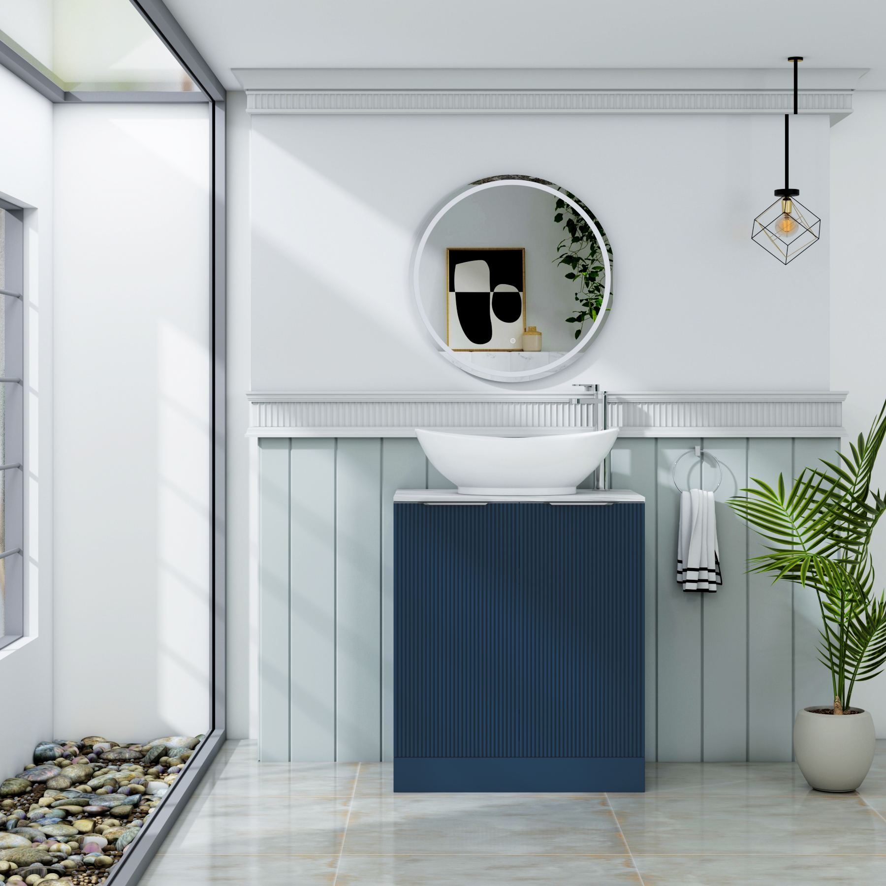 Evora 700mm Midnight Blue Fluted Floor Standing Countertop Vanity Unit 2 Door with Amaze Basin