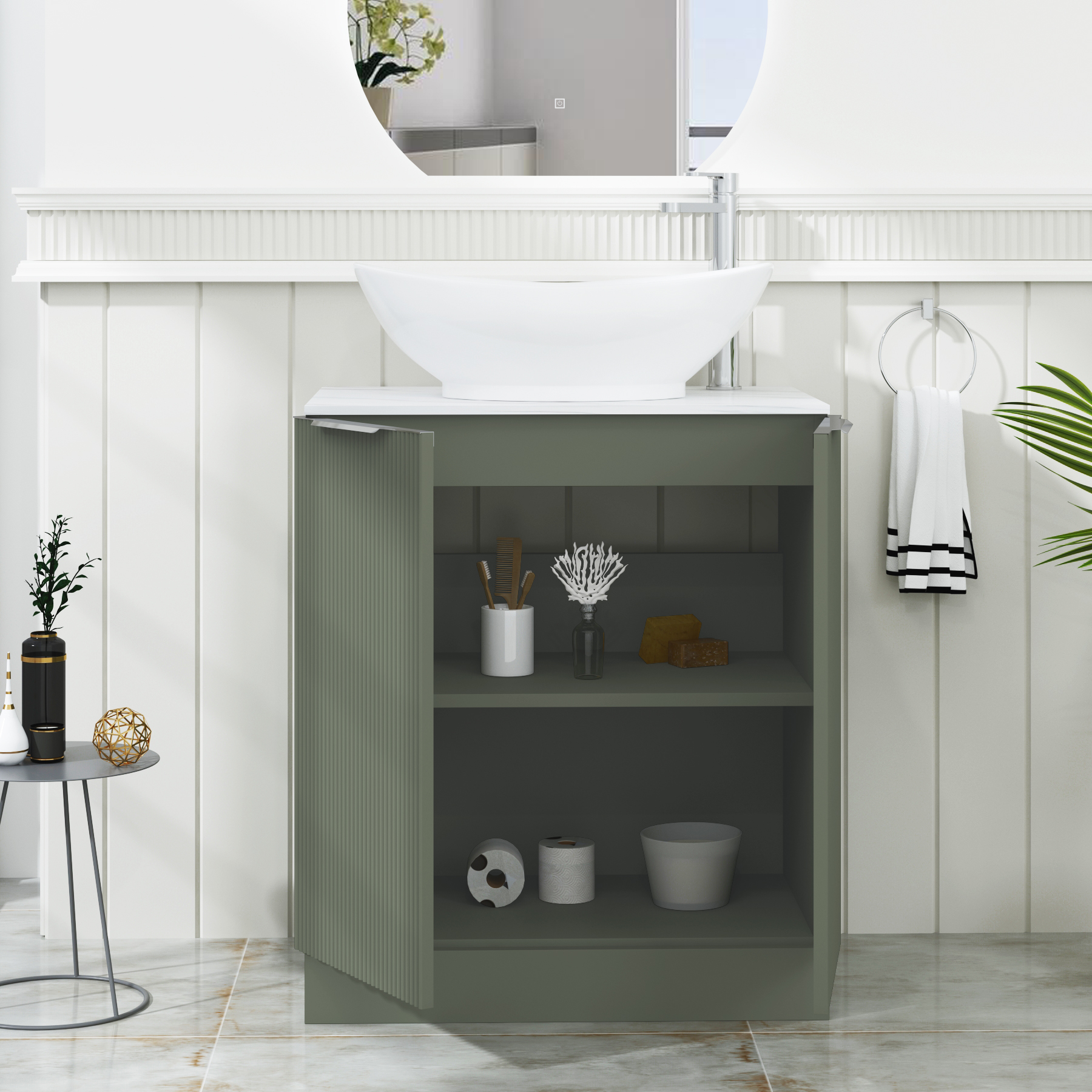 Evora 700mm Sage Green Fluted Floor Standing Countertop Vanity Unit 2 Door with Amaze Basin