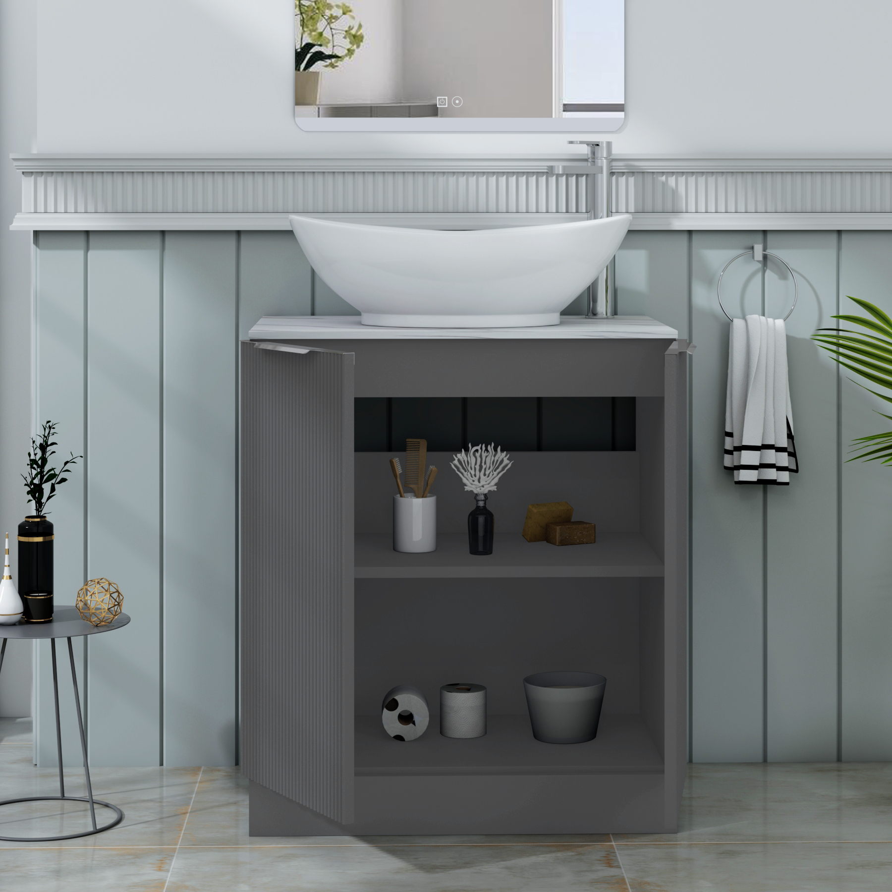 Evora 700mm Graphite Grey Fluted Floor Standing Countertop Vanity Unit 2 Door with Amaze Basin