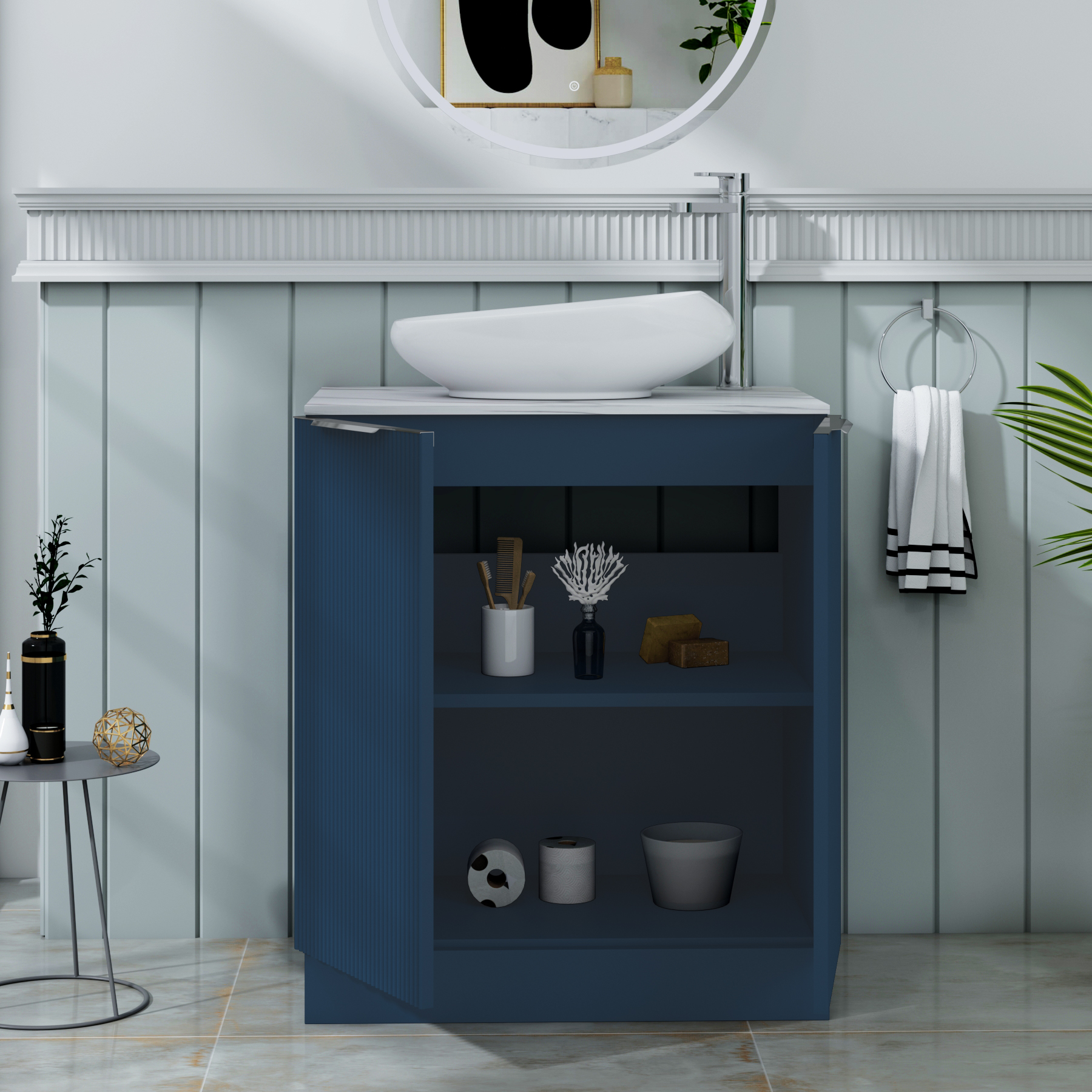 Evora 700mm Midnight Blue Fluted Floor Standing Countertop Vanity Unit 2 Door with Nova Basin