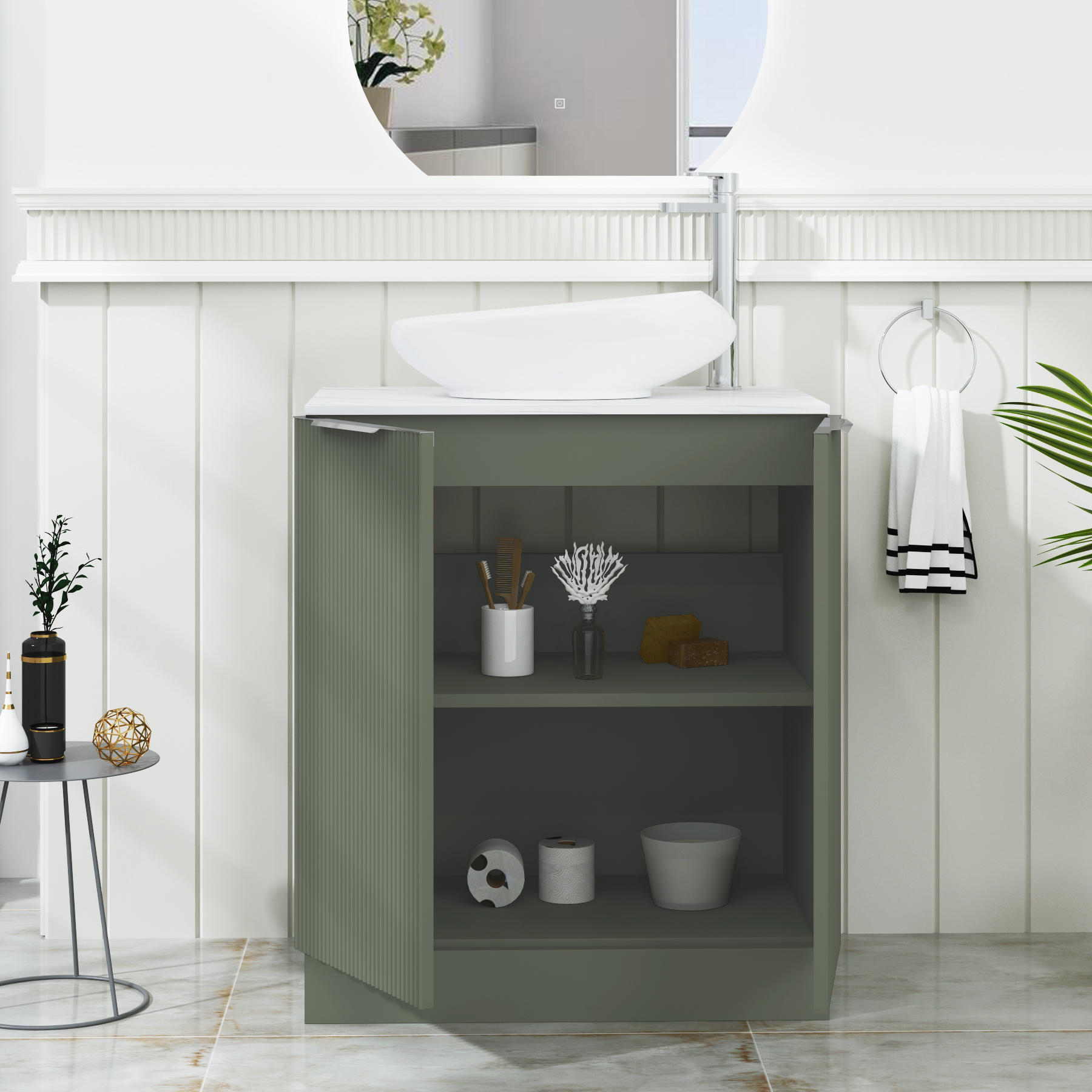 Evora 700mm Sage Green Fluted Floor Standing Countertop Vanity Unit 2 Door with Nova Basin