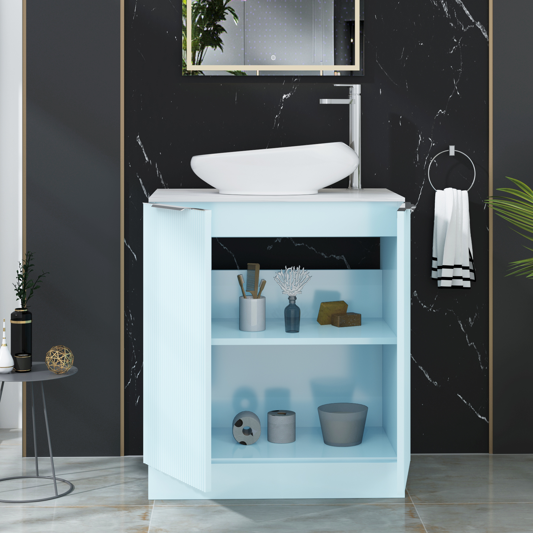 Evora 700mm Powder Blue Fluted Floor Standing Countertop Vanity Unit 2 Door with Nova Basin