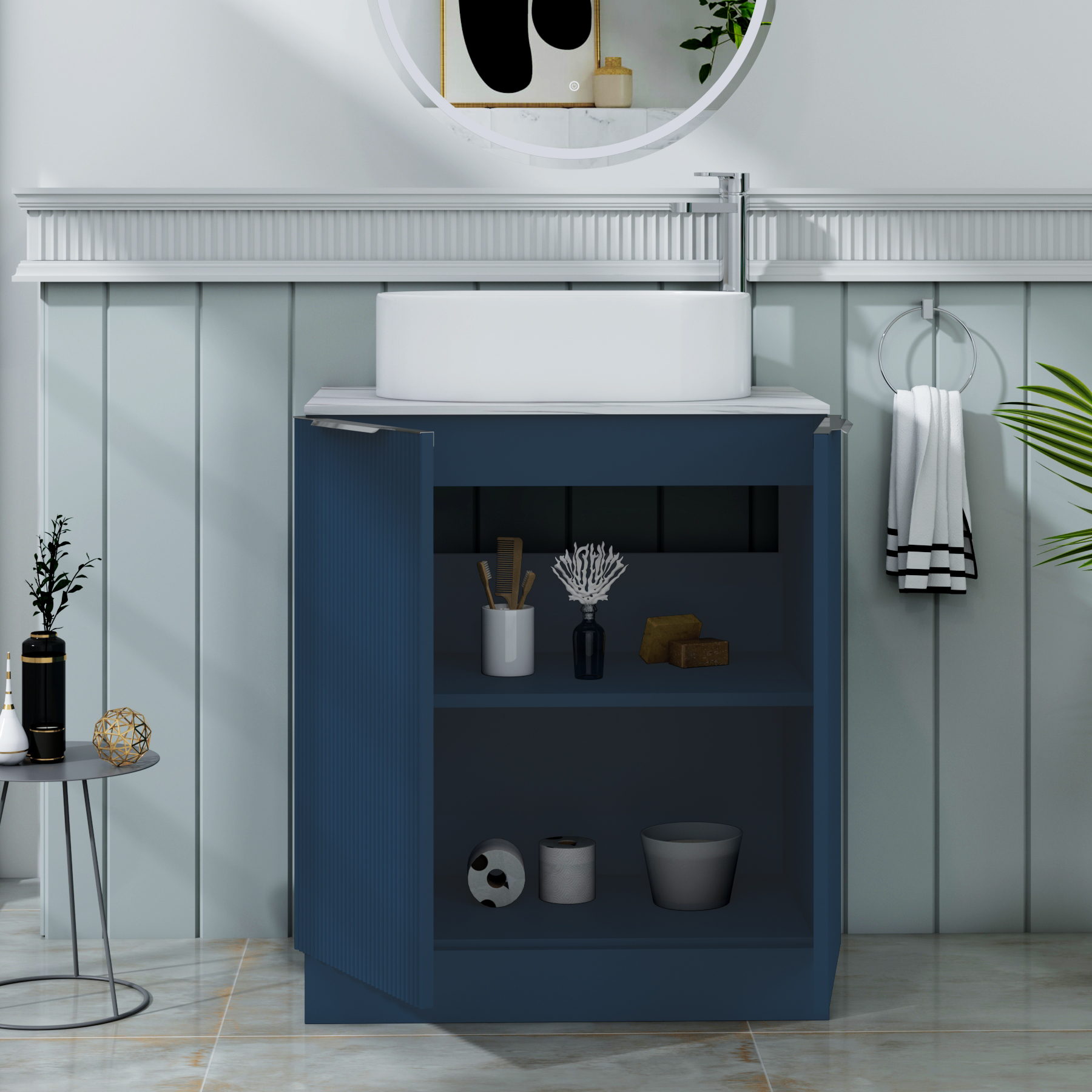 Evora 700mm Midnight Blue Fluted Floor Standing Countertop Vanity Unit 2 Door with Peak Basin