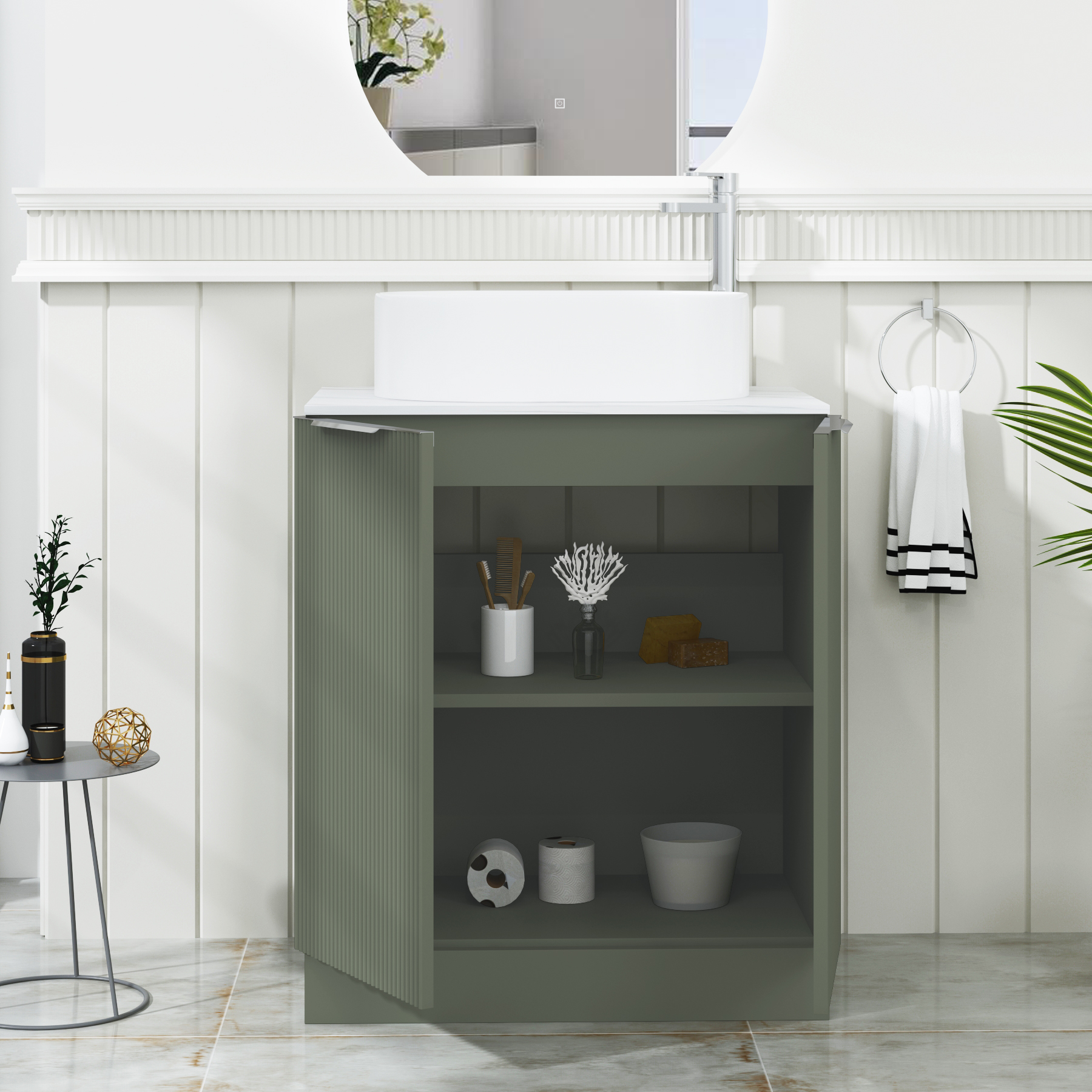 Evora 700mm Sage Green Fluted Floor Standing Countertop Vanity Unit 2 Door with Peak Basin