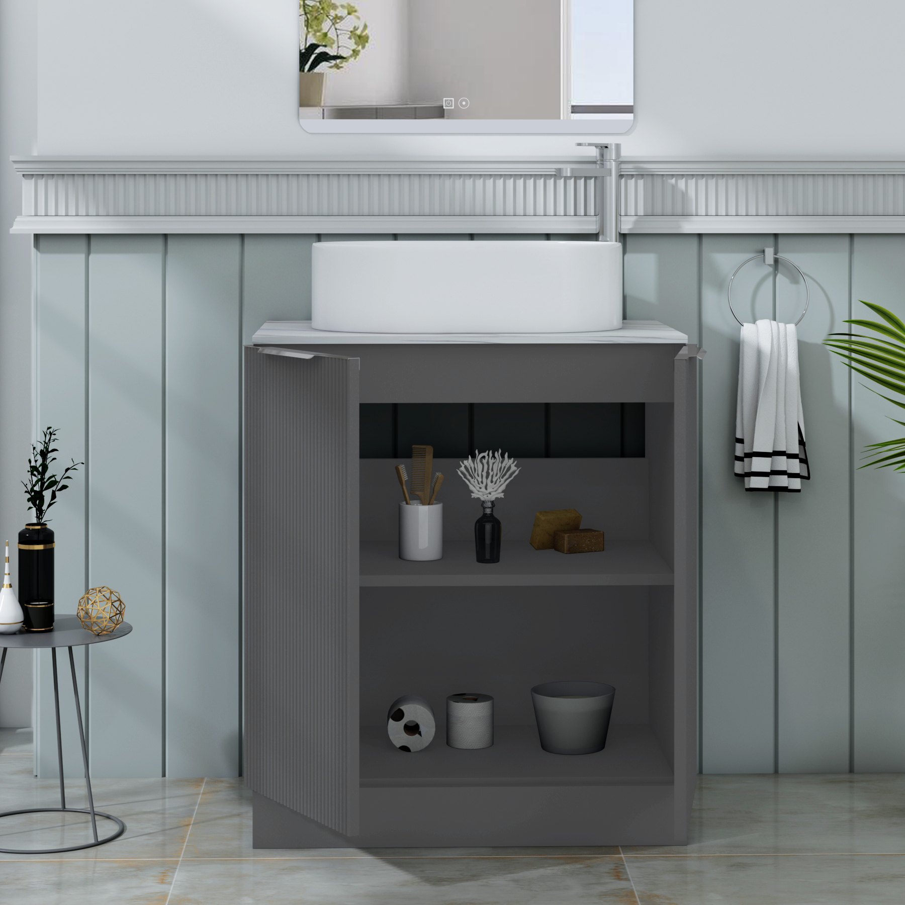 Evora 700mm Graphite Grey Fluted Floor Standing Countertop Vanity Unit 2 Door with Peak Basin