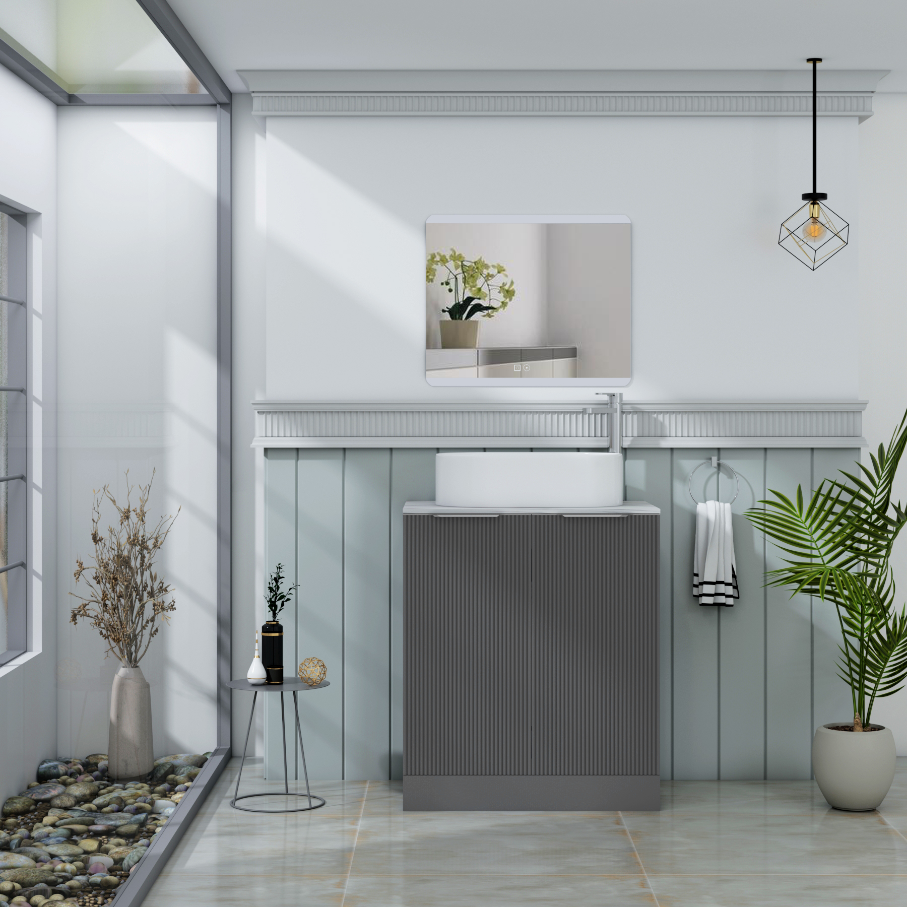 Evora 700mm Graphite Grey Fluted Floor Standing Countertop Vanity Unit 2 Door with Peak Basin