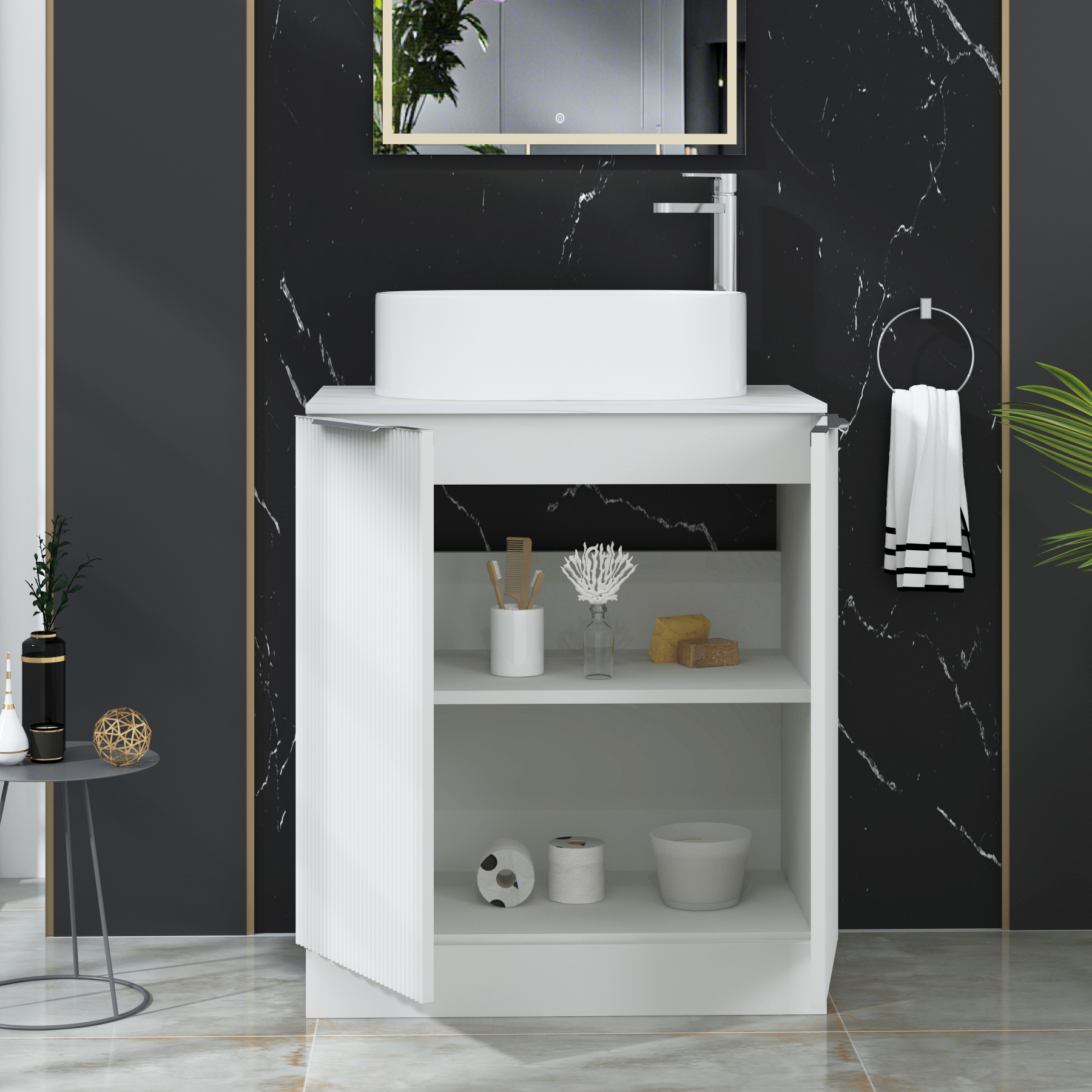 Evora 700mm Matt White Fluted Floor Standing Countertop Vanity Unit 2 Door with Peak Basin