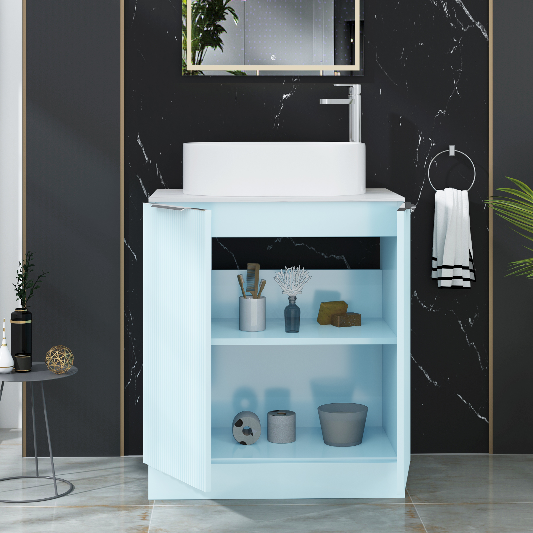 Evora 700mm Powder Blue Fluted Floor Standing Countertop Vanity Unit 2 Door with Peak Basin