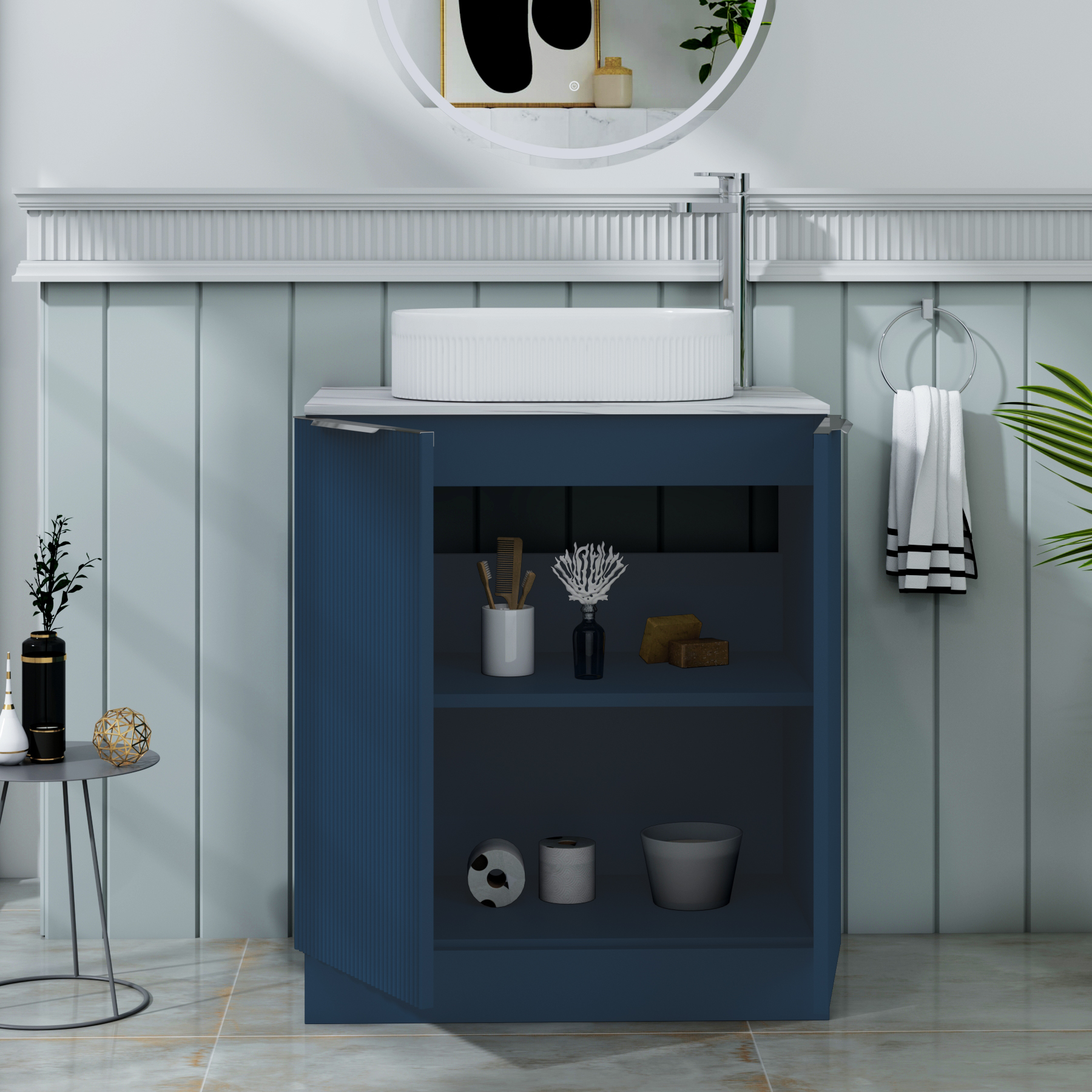 Evora 700mm Midnight Blue Fluted Floor Standing Countertop Vanity Unit 2 Door with Lyon Basin