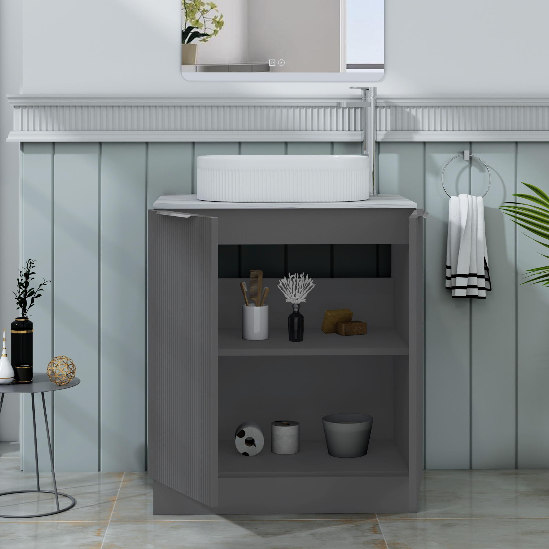 Evora 700mm Graphite Grey Fluted Floor Standing Countertop Vanity Unit 2 Door with Lyon Basin