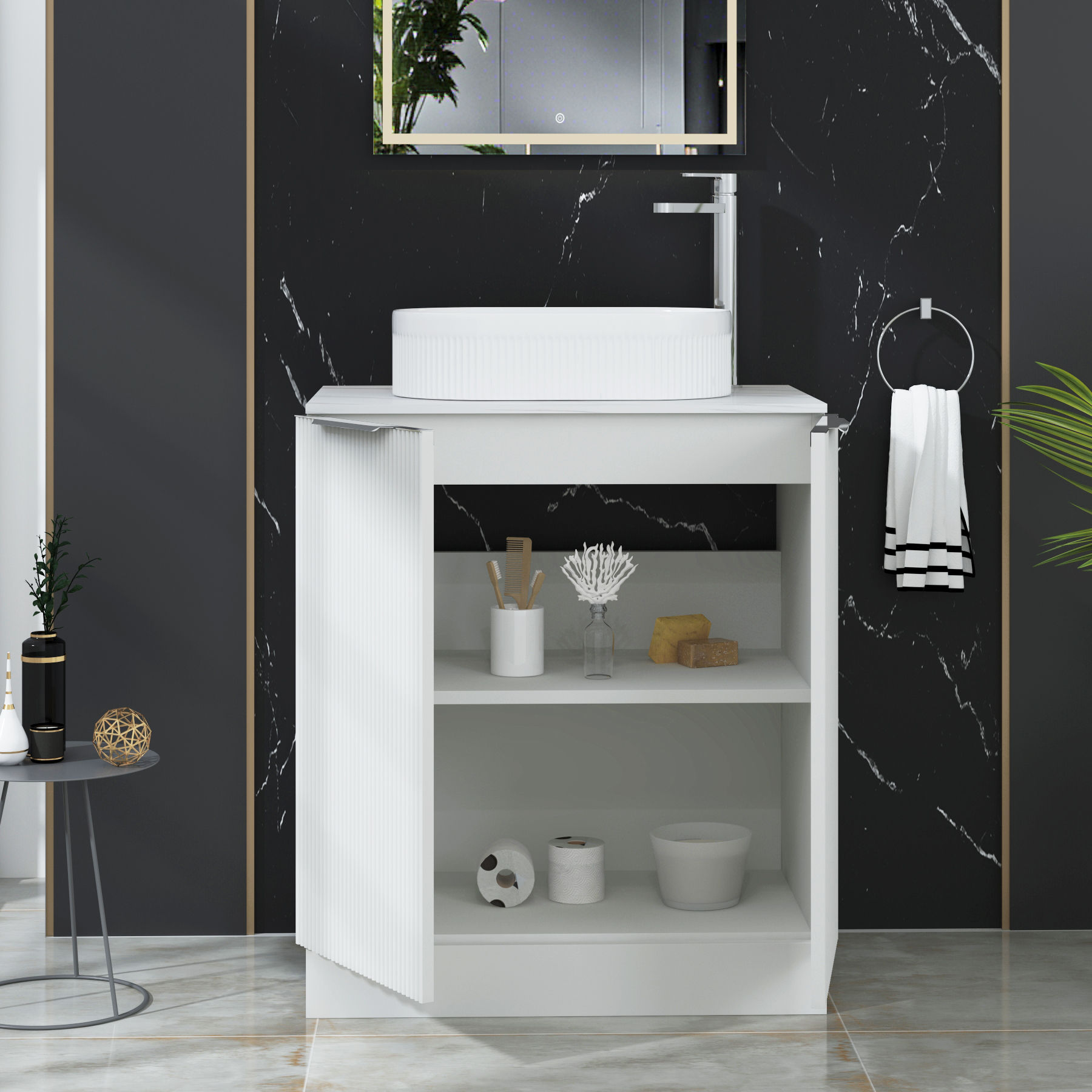 Evora 700mm Matt White Fluted Floor Standing Countertop Vanity Unit 2 Door with Lyon Basin