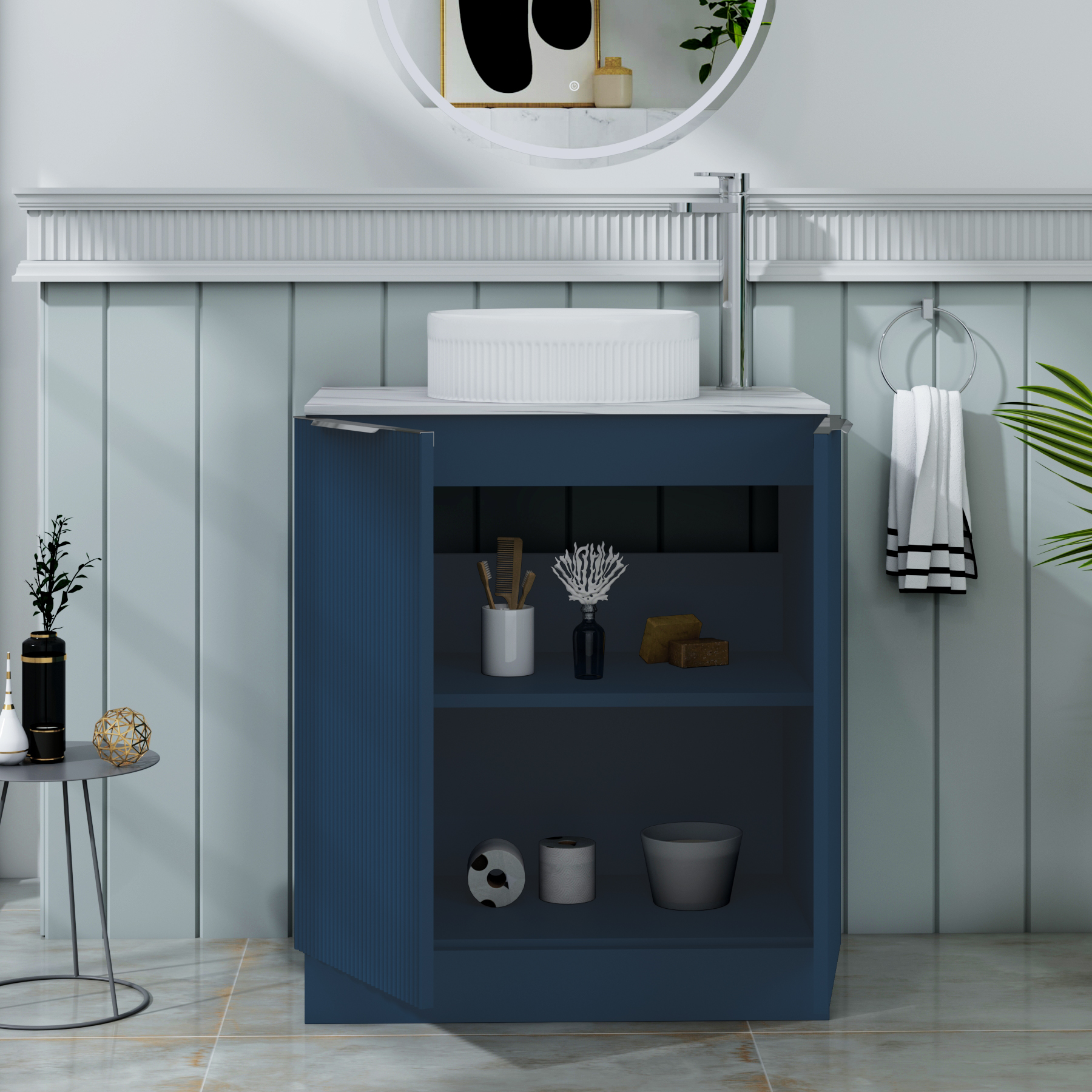 Evora 700mm Midnight Blue Fluted Floor Standing Countertop Vanity Unit 2 Door with Round Basin