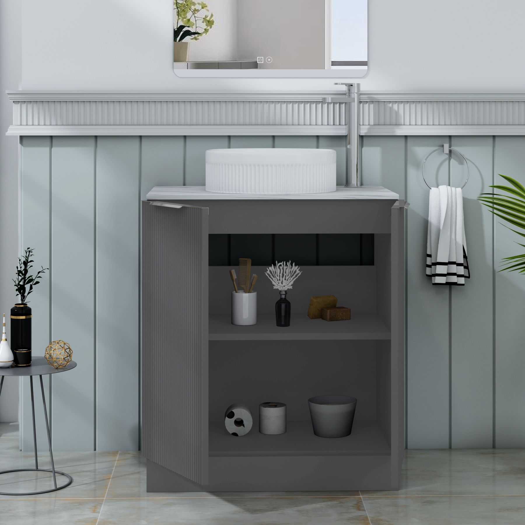 Evora 700mm Graphite Grey Fluted Floor Standing Countertop Vanity Unit 2 Door with Round Basin
