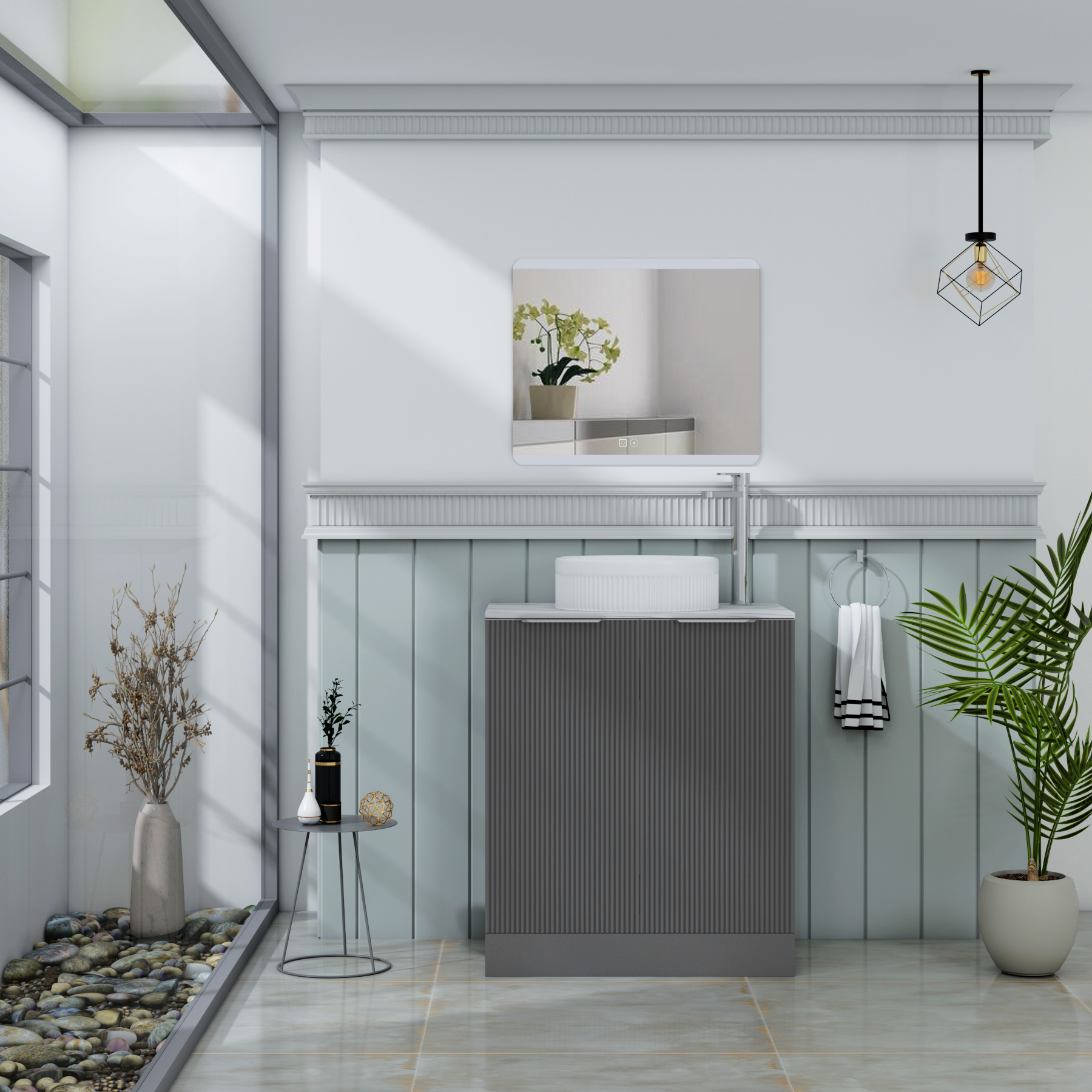 Evora 700mm Graphite Grey Fluted Floor Standing Countertop Vanity Unit 2 Door with Round Basin