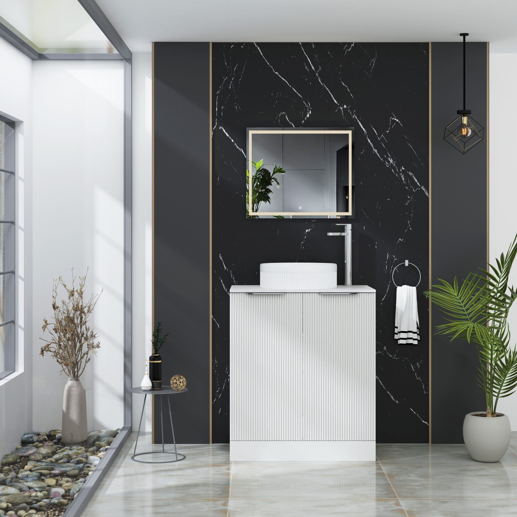 Evora 700mm Matt White Fluted Floor Standing Countertop Vanity Unit 2 Door with Round Basin