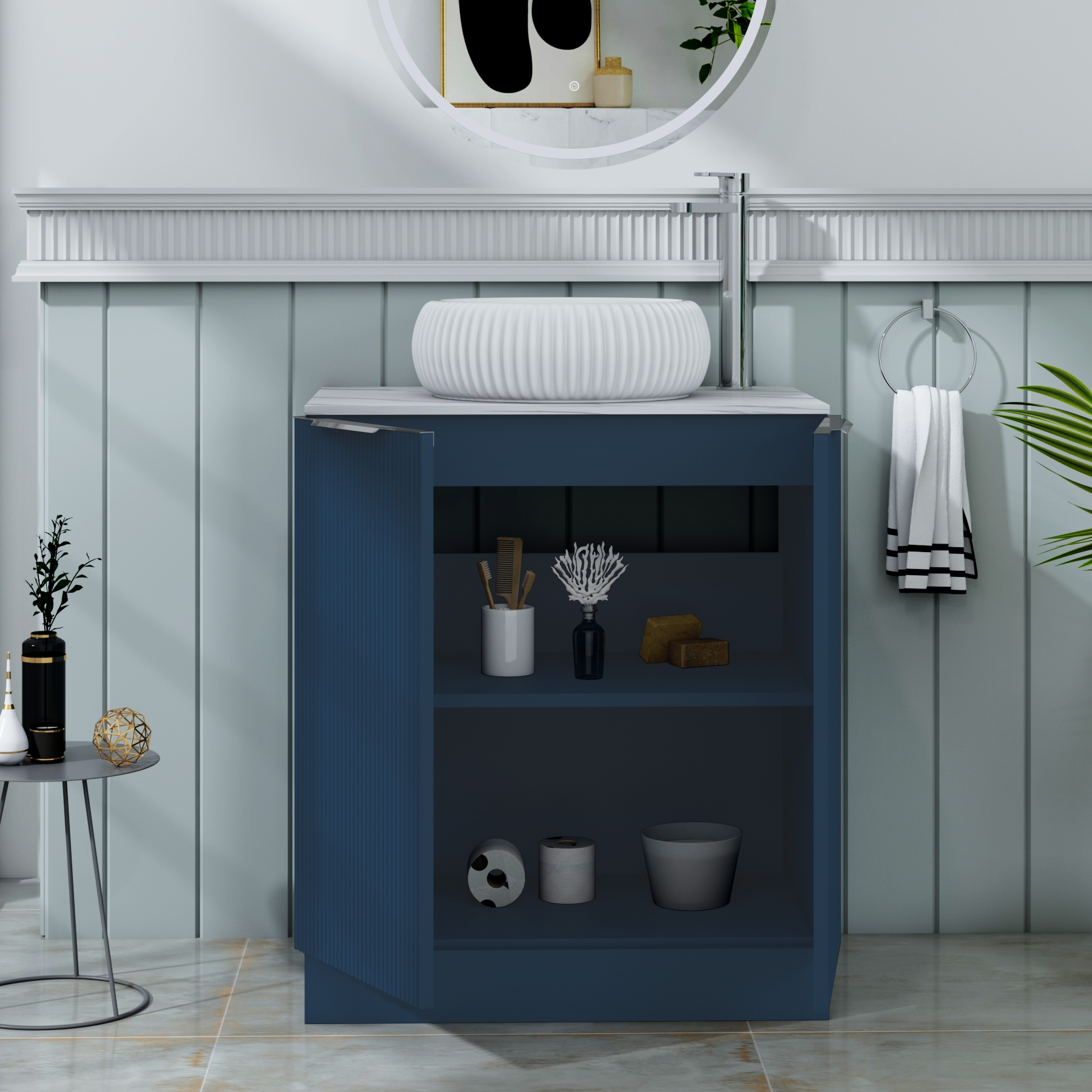 Evora 700mm Midnight Blue Fluted Floor Standing Countertop Vanity Unit 2 Door with Milan Basin