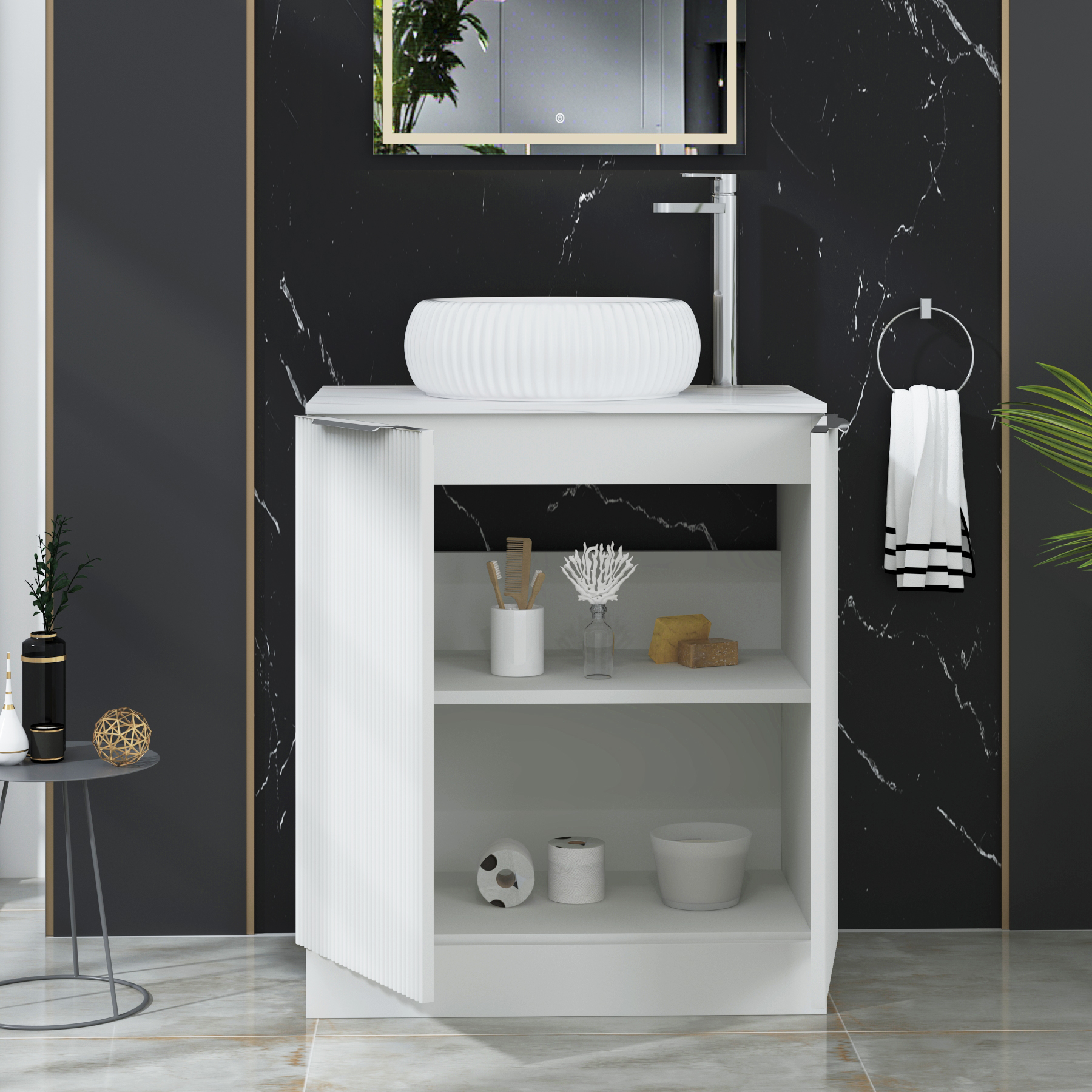 Evora 700mm Matt White Fluted Floor Standing Countertop Vanity Unit 2 Door with Milan Basin