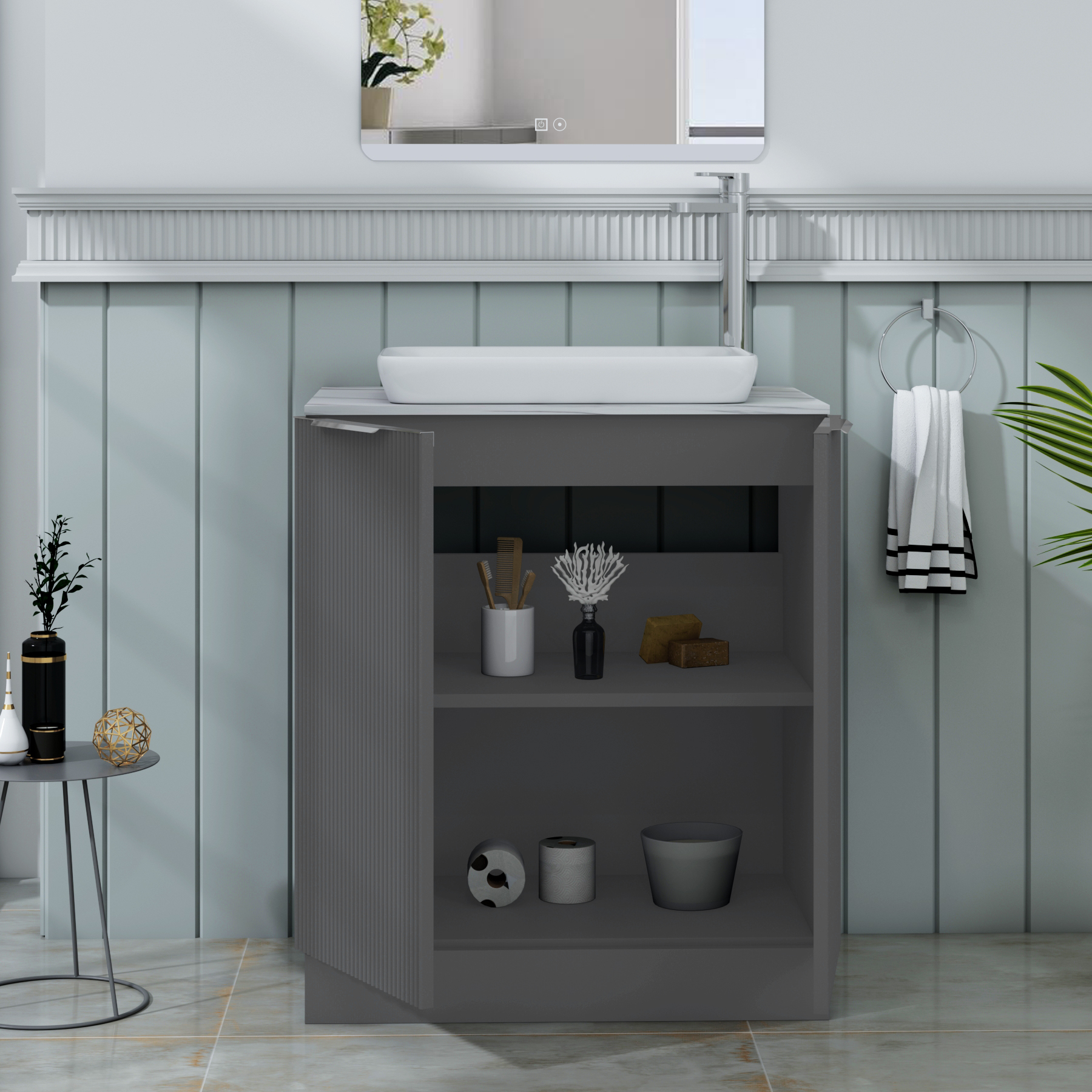 Evora 700mm Graphite Grey Fluted Floor Standing Countertop Vanity Unit 2 Door with Qubix Basin