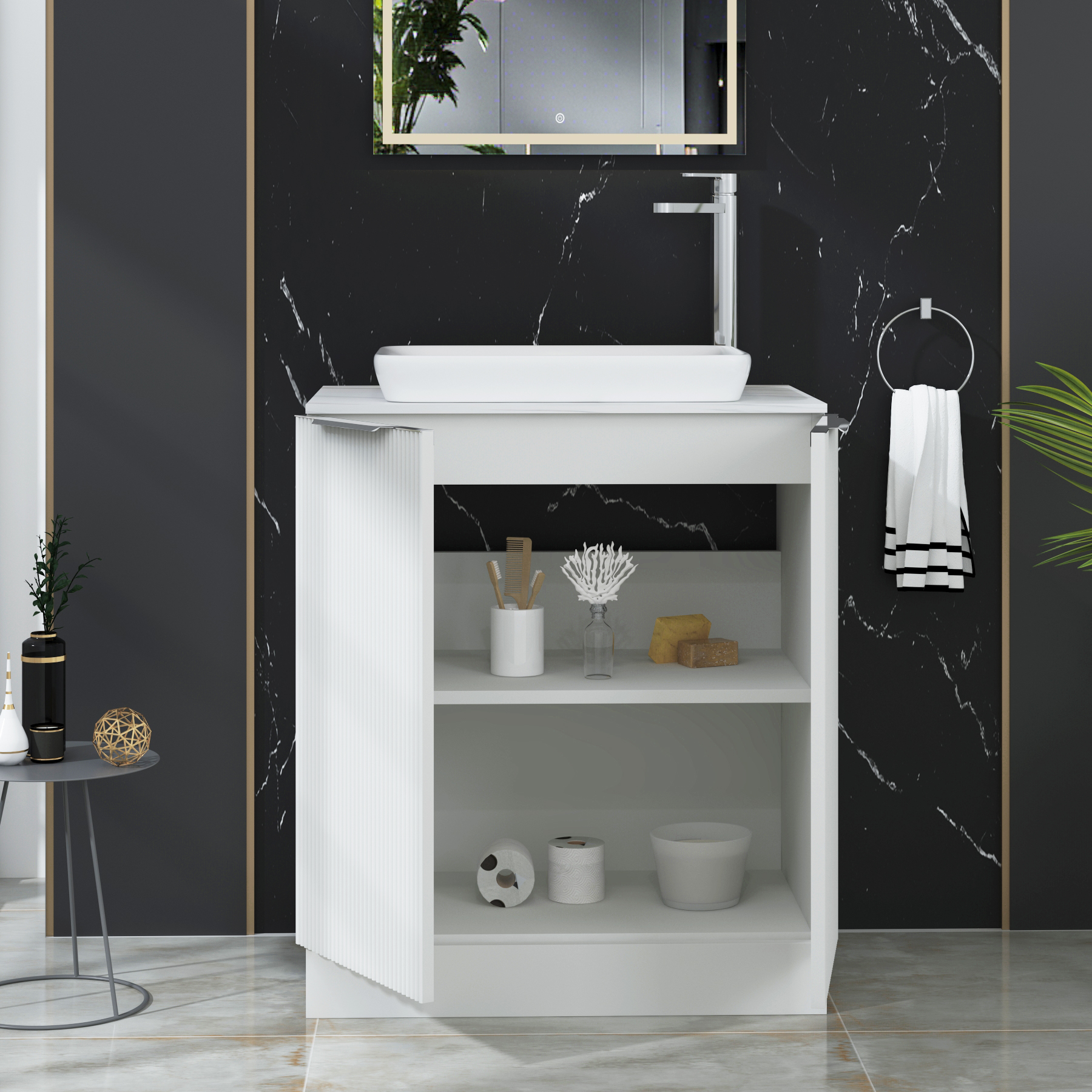 Evora 700mm Matt White Fluted Floor Standing Countertop Vanity Unit 2 Door with Qubix Basin