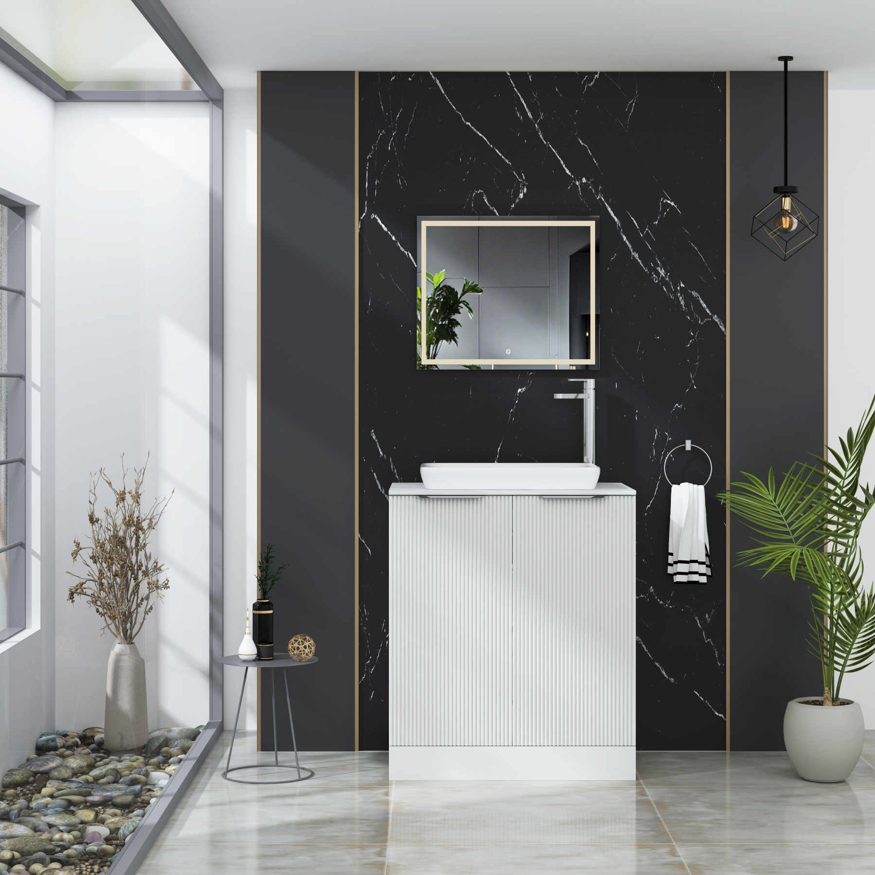 Evora 700mm Matt White Fluted Floor Standing Countertop Vanity Unit 2 Door with Qubix Basin