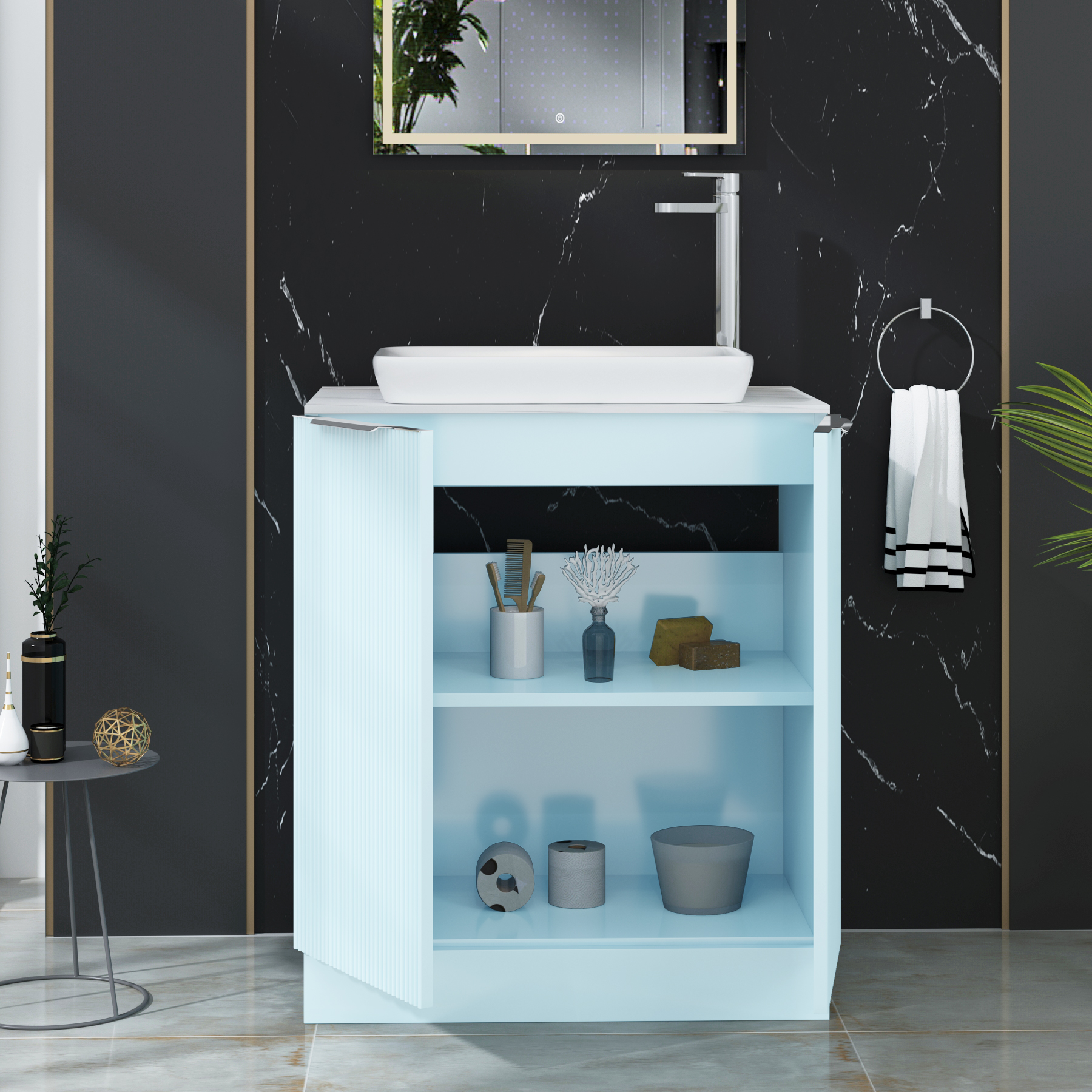 Evora 700mm Powder Blue Fluted Floor Standing Countertop Vanity Unit 2 Door with Qubix Basin