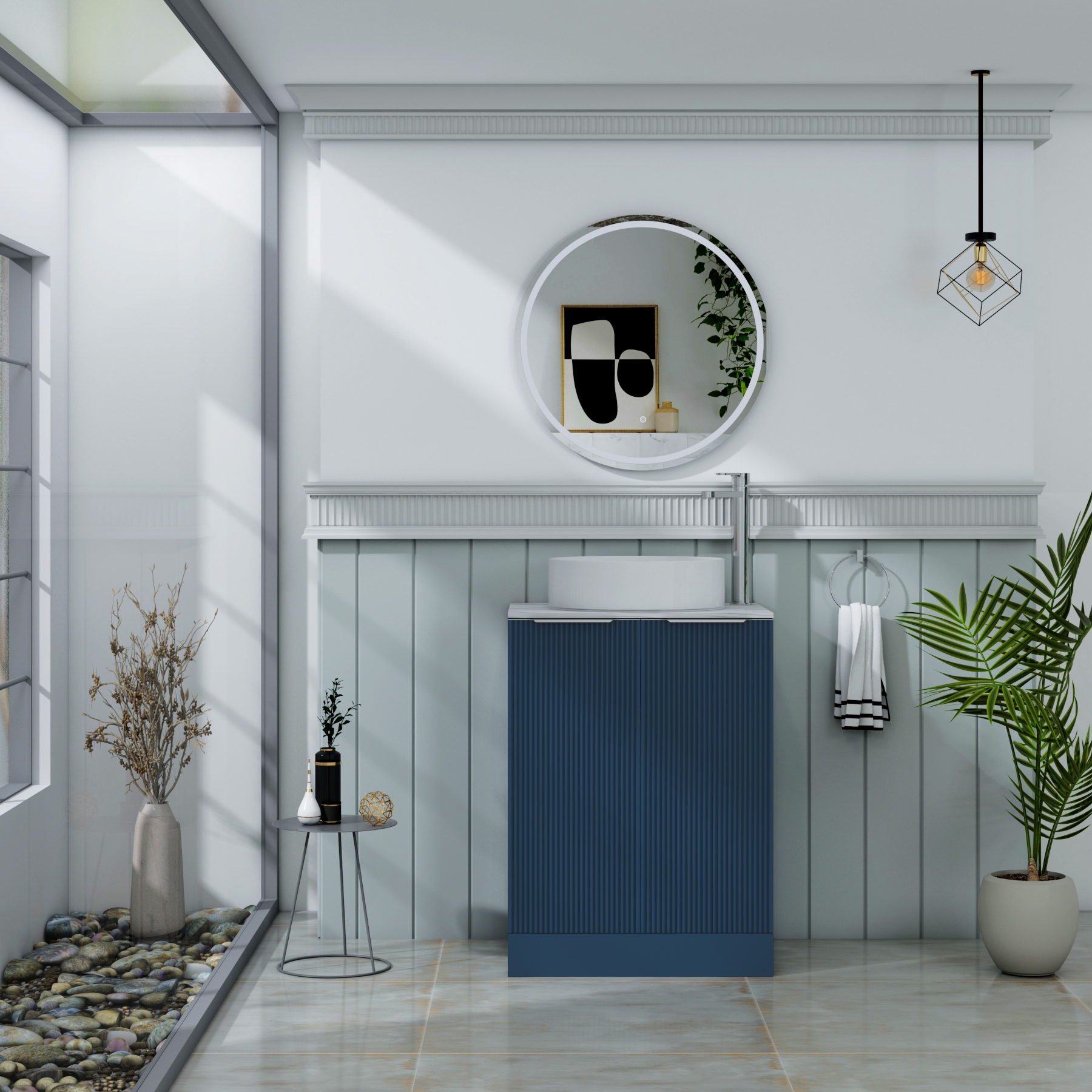 Evora Fluted 2 Door Midnight Blue Floor Standing Vanity Unit with Carrara White Top & Countertop Basin