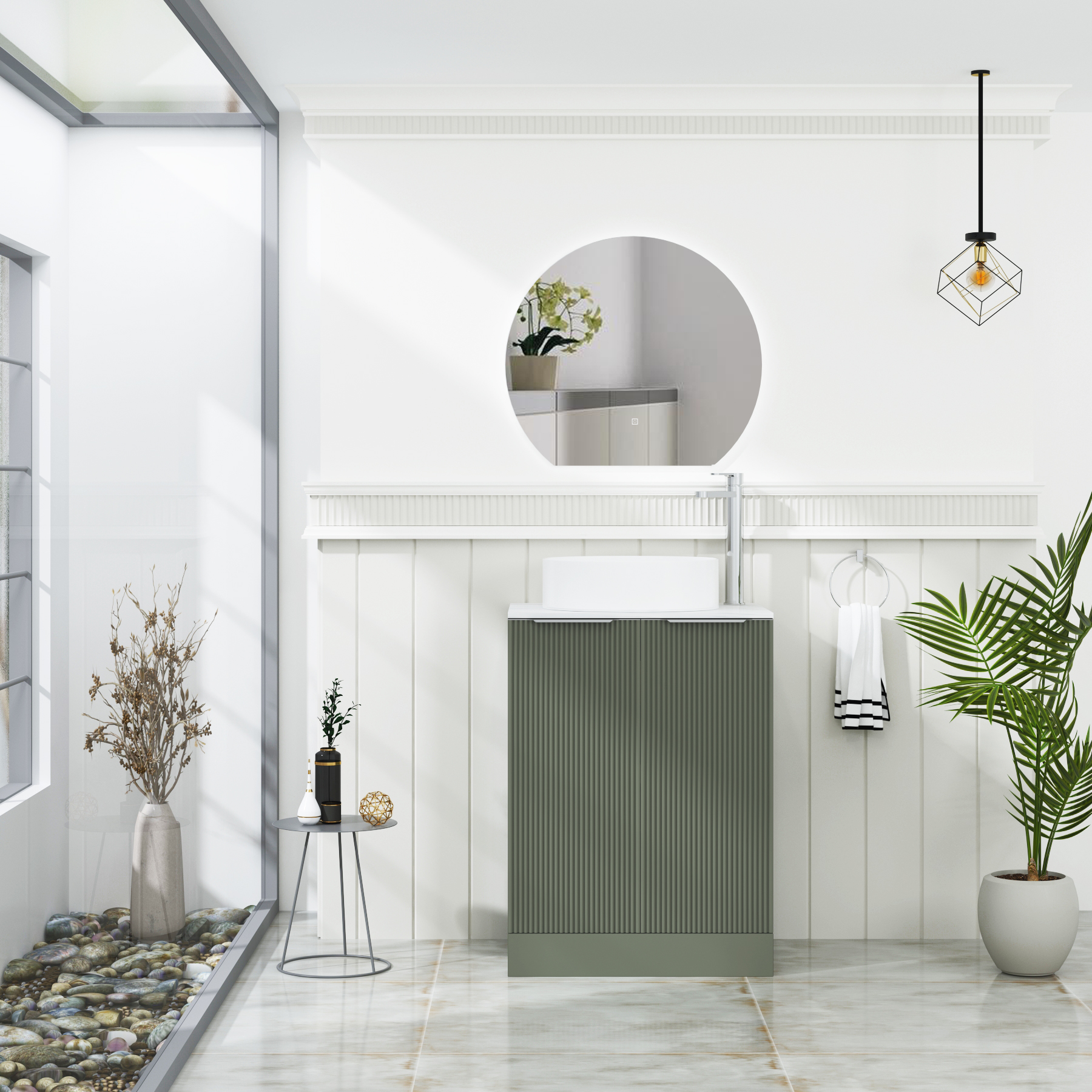 Evora Fluted 2 Door Sage Green Floor Standing Vanity Unit with Carrara White Top & Countertop Basin