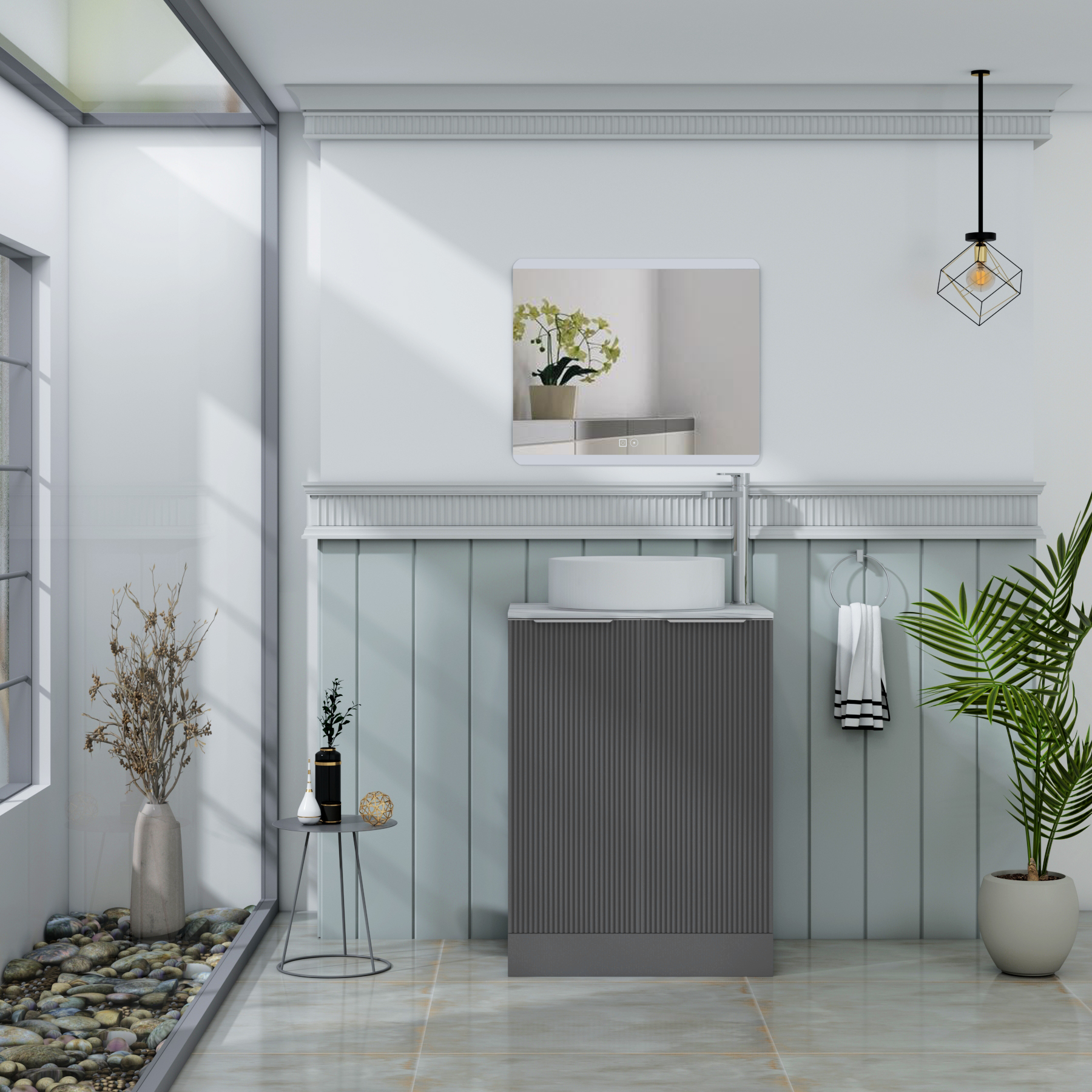 Evora Fluted 2 Door Graphite Grey Floor Standing Vanity Unit with Carrara White Top & Countertop Basin