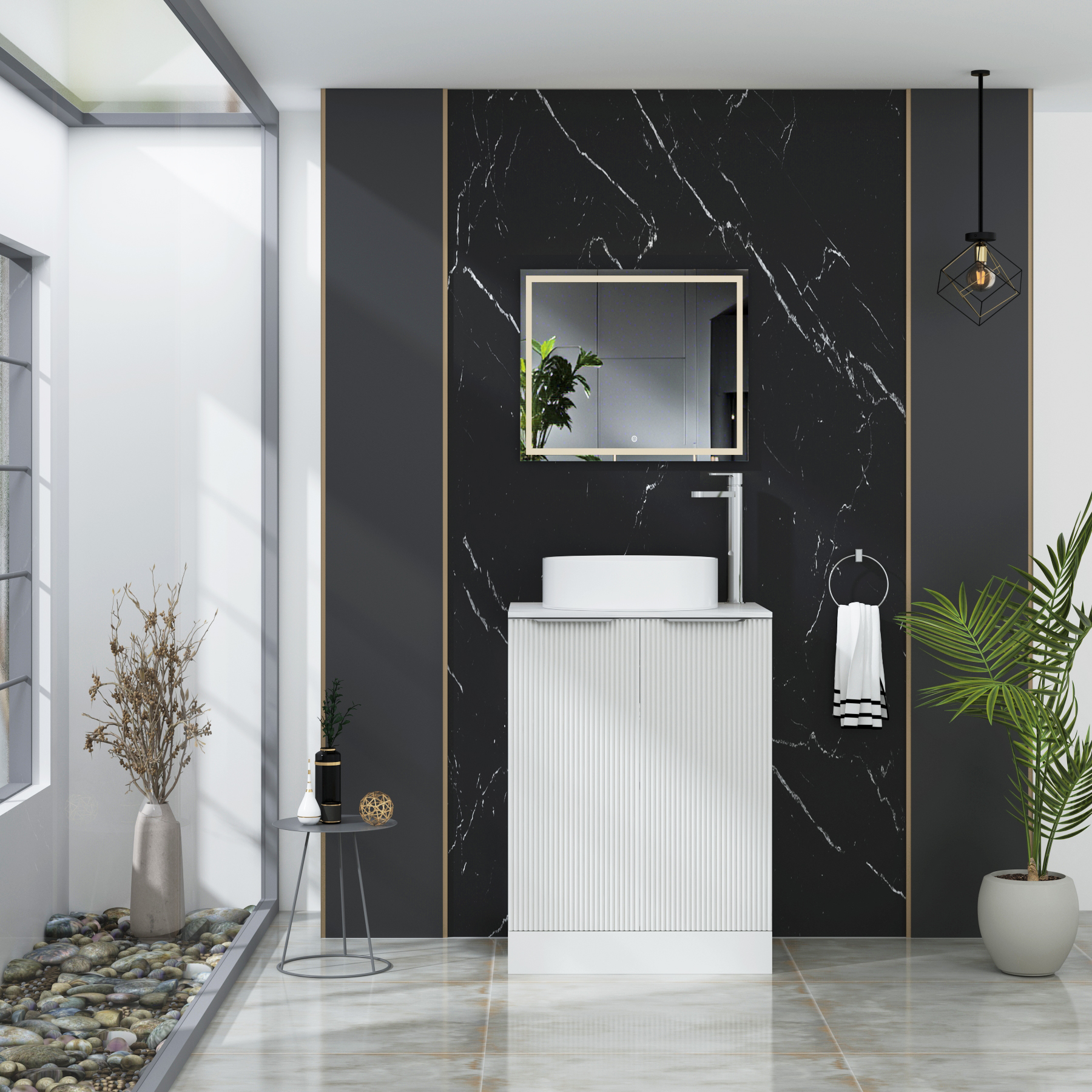 Evora Fluted 2 Door Matt White Floor Standing Vanity Unit with Carrara White Top & Countertop Basin