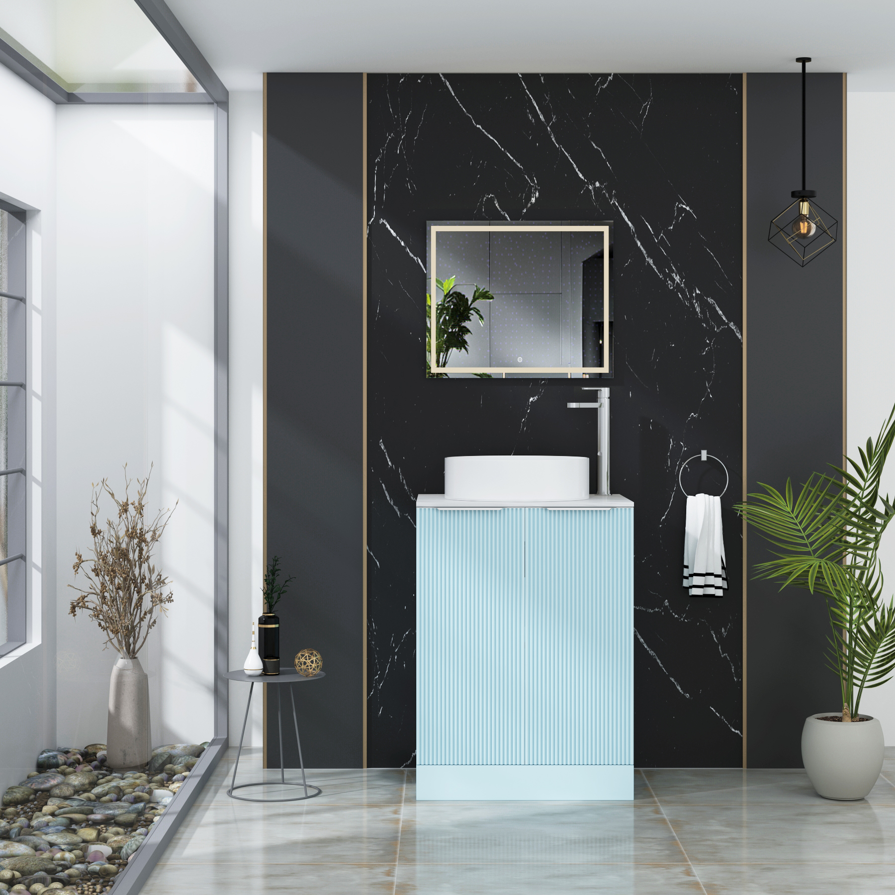 Evora Fluted 2 Door Powder Blue Floor Standing Vanity Unit with Carrara White Top & Countertop Basin